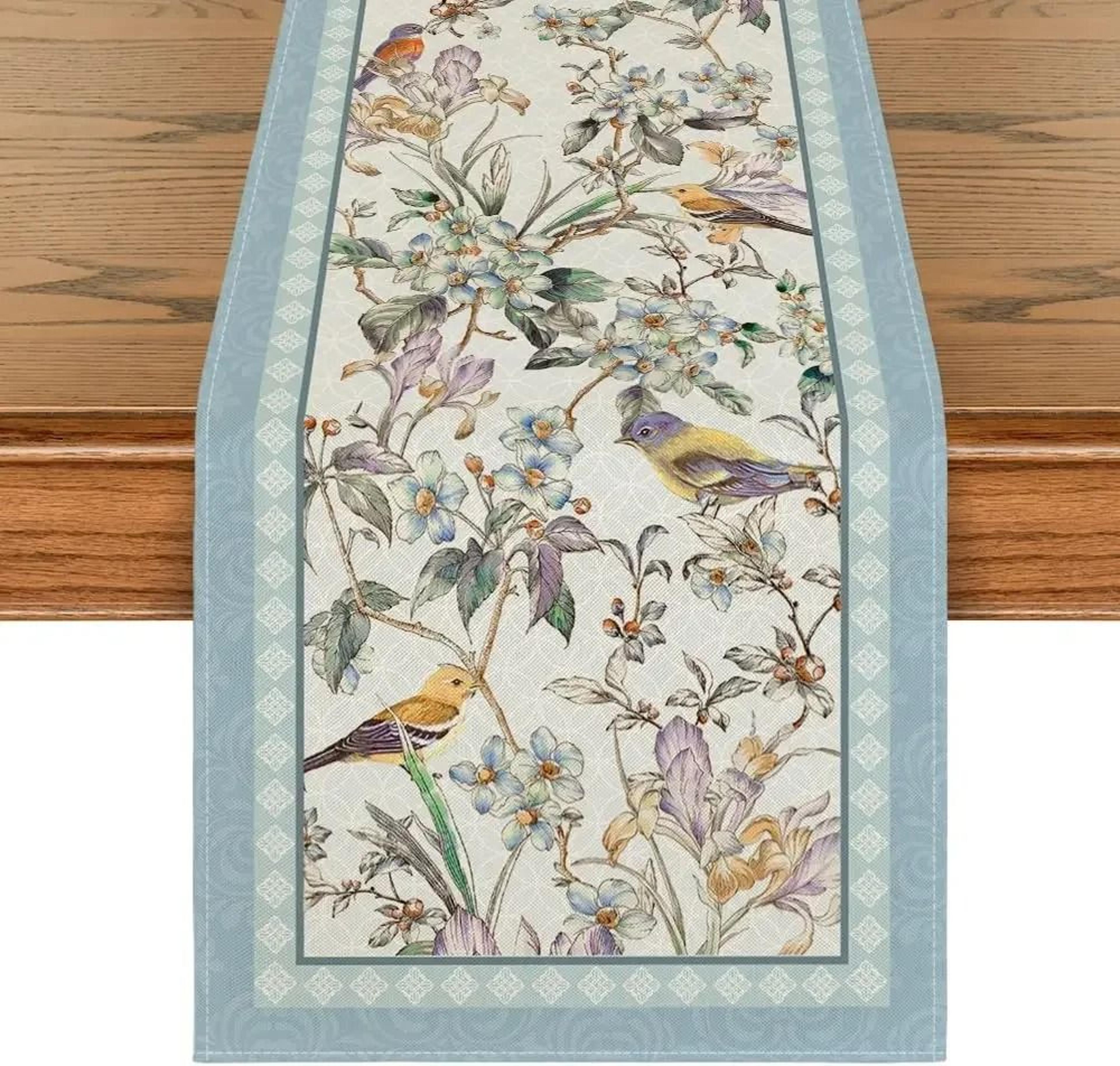 Blue Birds  Spring Blossom Linen Table Runner  Durable Chinoiserie Wedding Decor 0