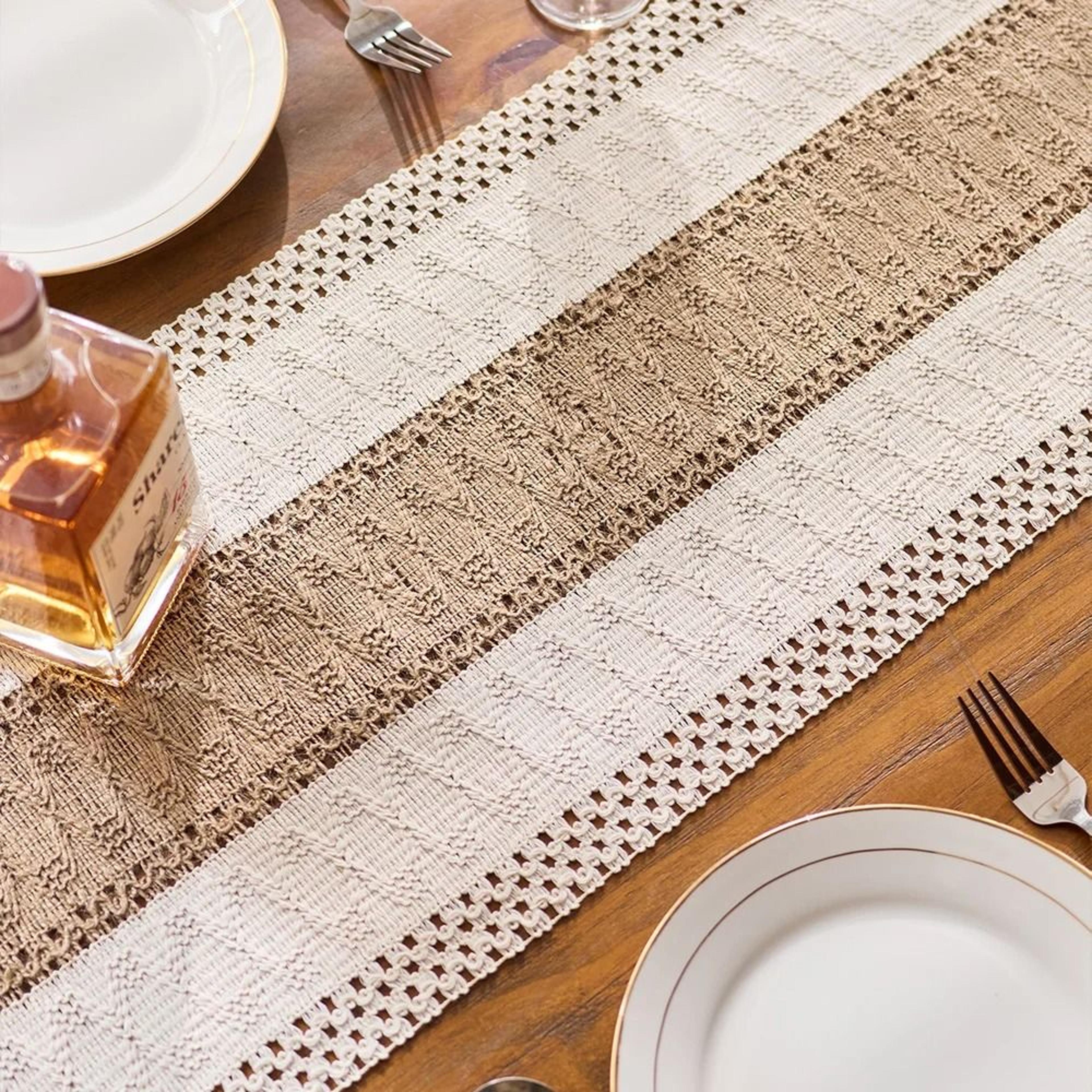 Boho Macrame Table Runner  Cream  Brown Farmhouse Decor With Tassels 3