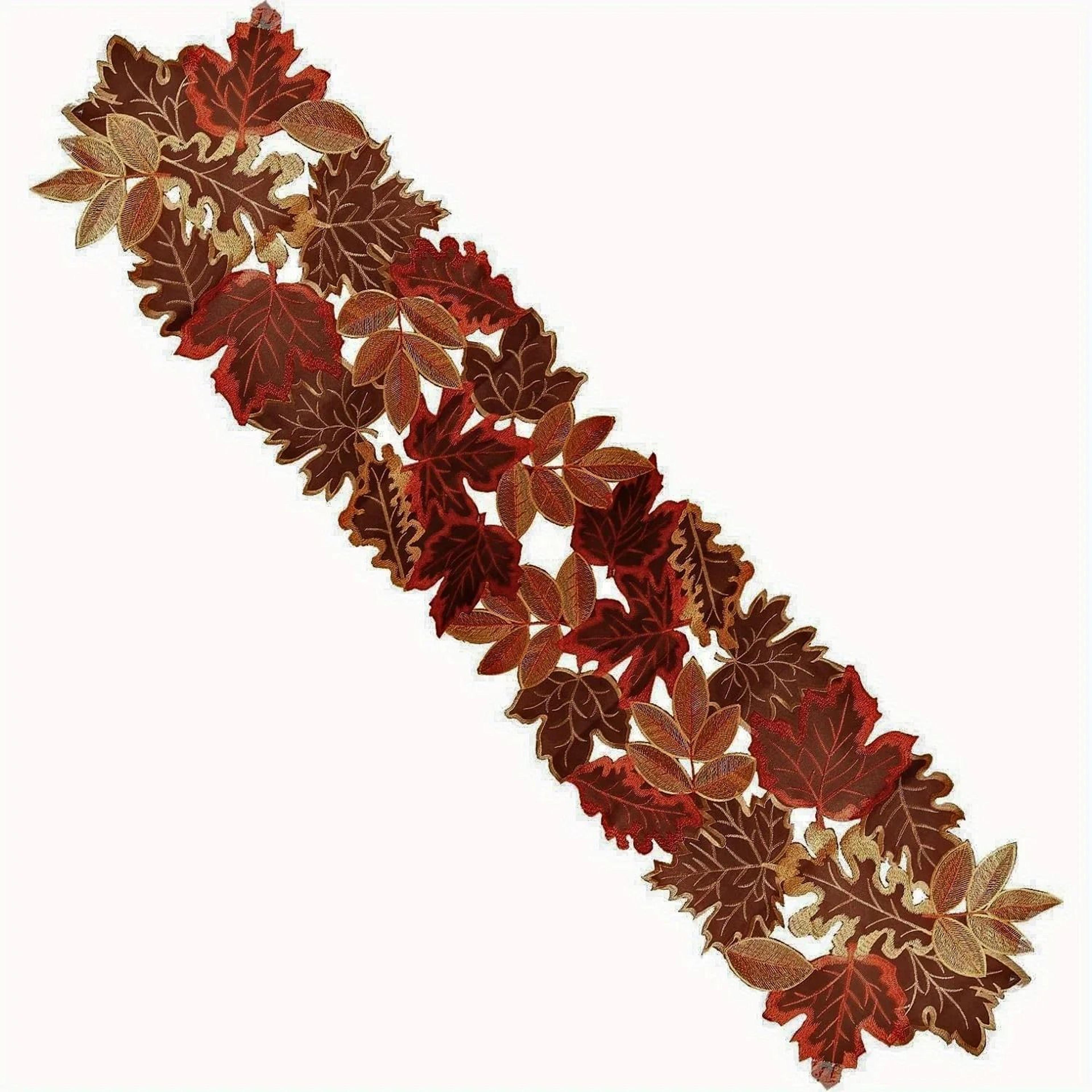 Embroidered Autumn Maple Leaf Table Runner  Flocked Brown Farmhouse Decor 8