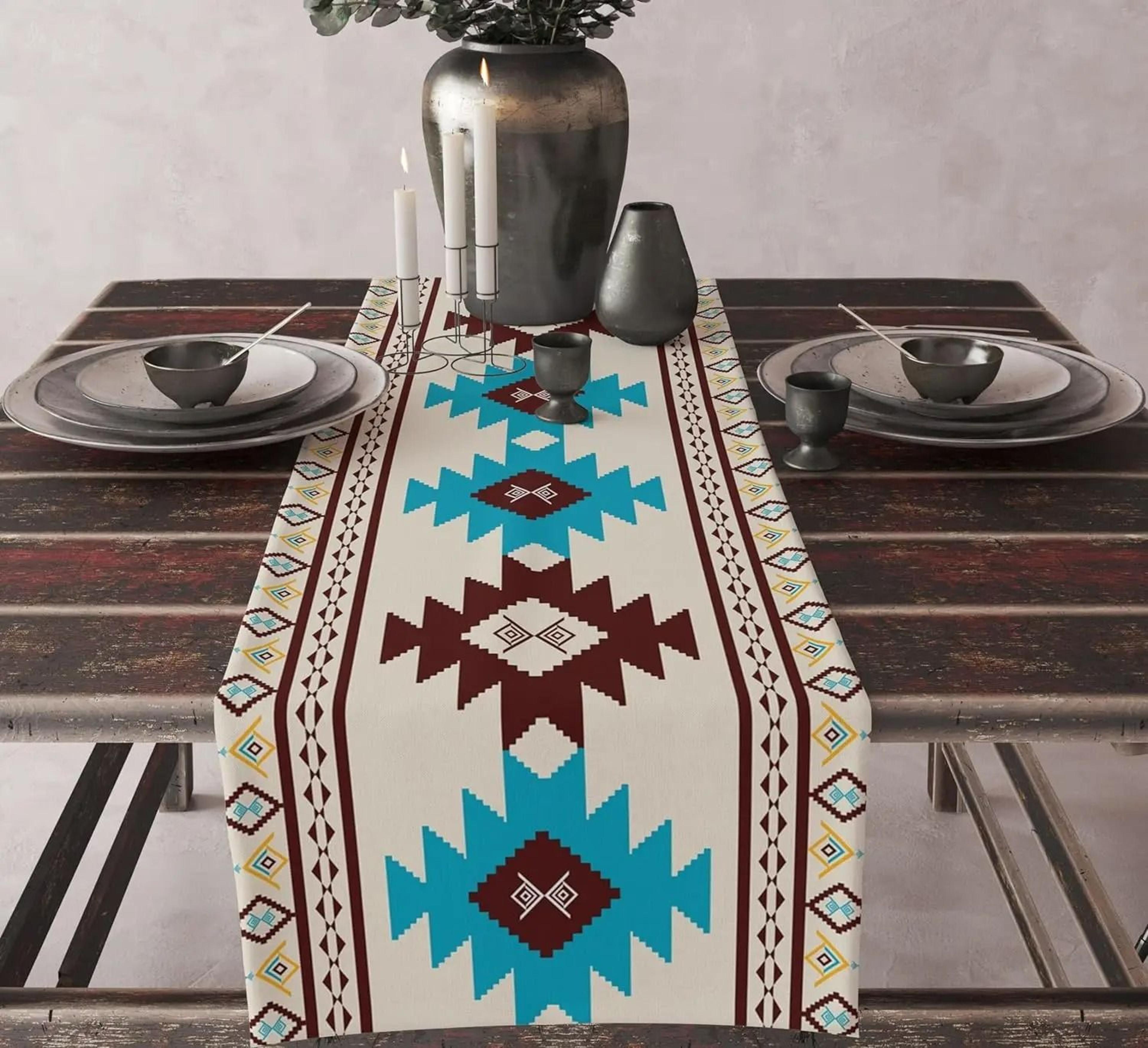 Aztec Ethnic Tribal Table Runner  Boho Geometric Linen Kitchen Decor 0