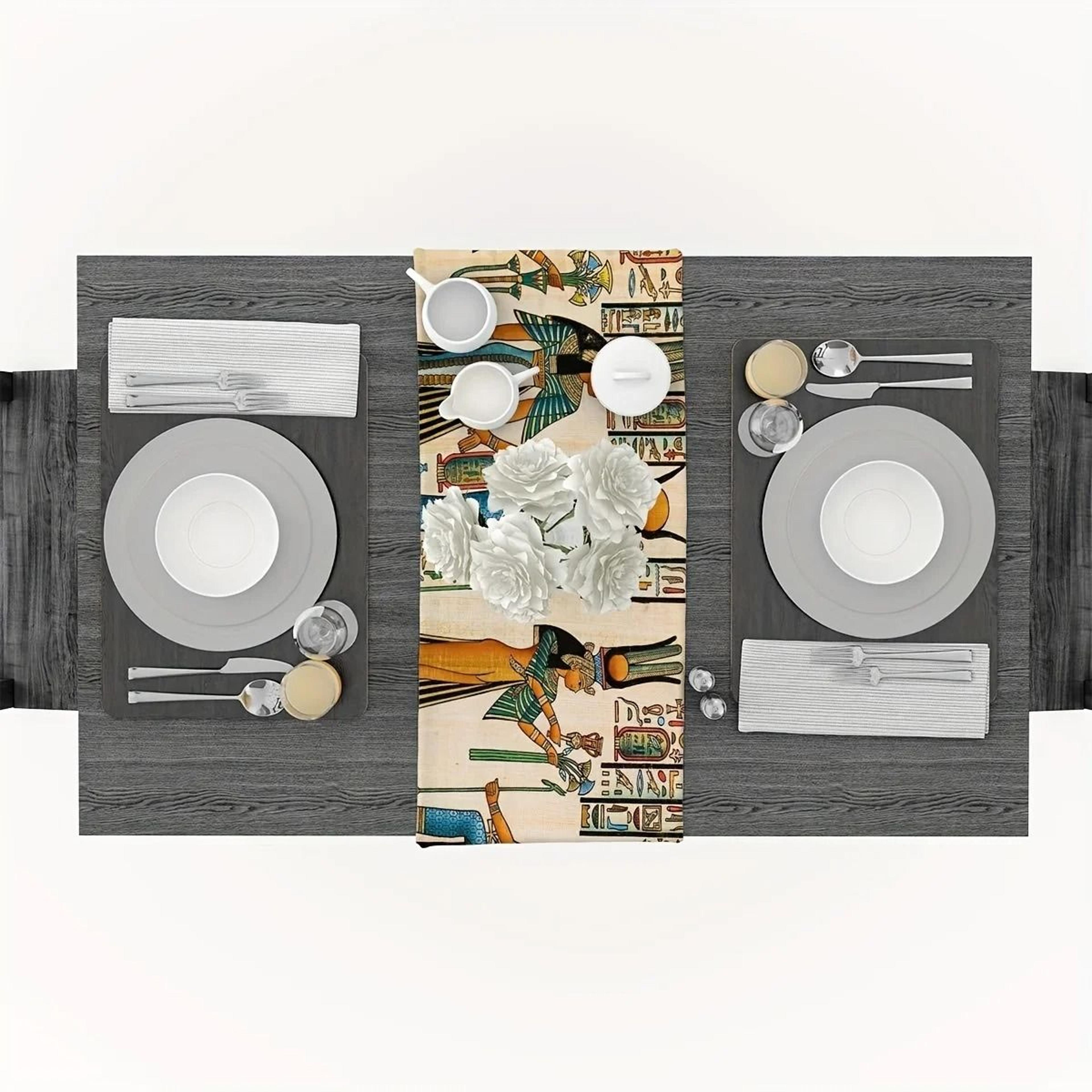 Ancient Egyptian Mural Table Runner  Ethnic Linen Pharaoh  Hieroglyphic Dining Decor 3