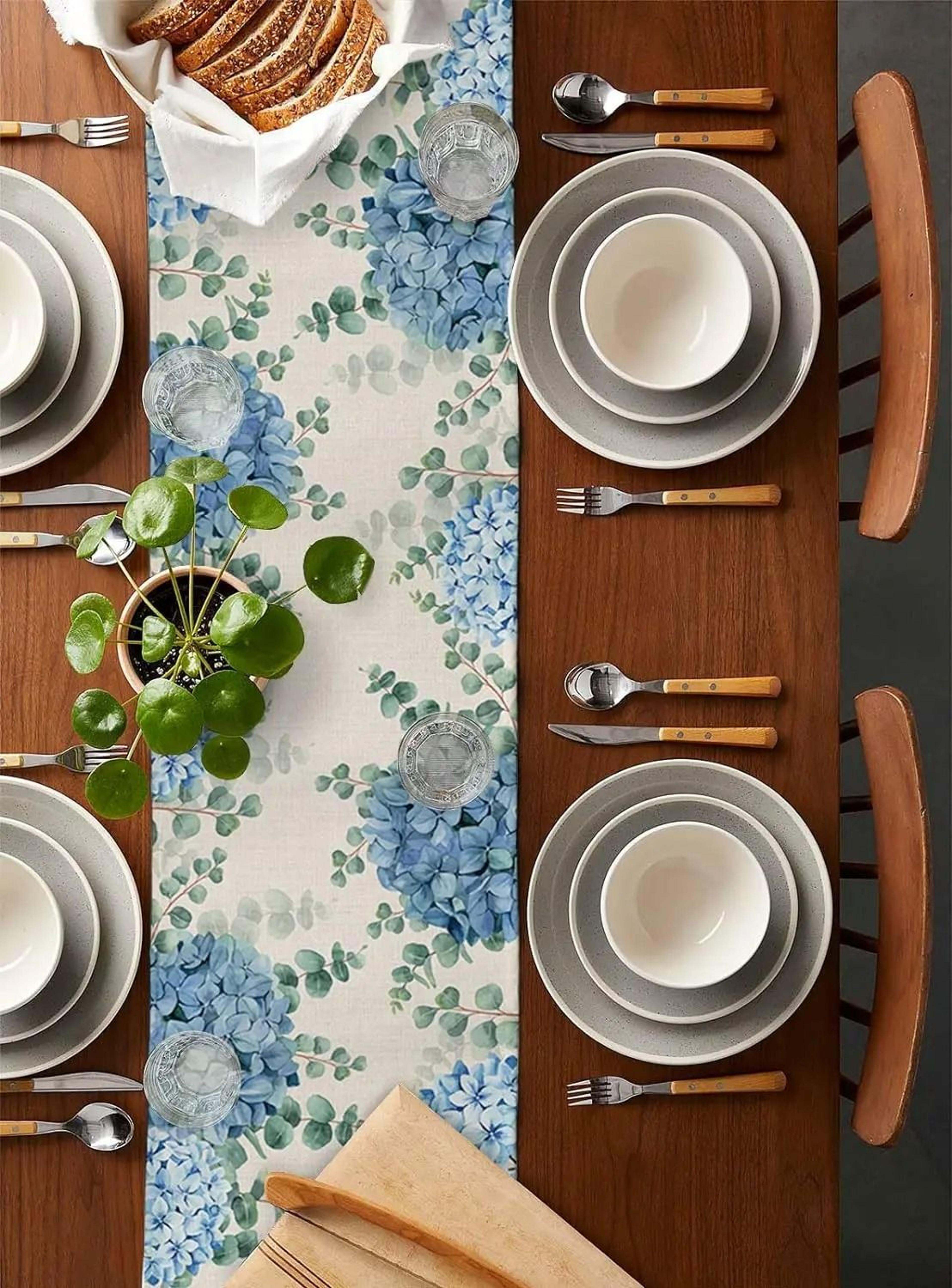 Blue Hydrangea  Eucalyptus Table Runner  Coastal Farmhouse Linen Dining Decor 3