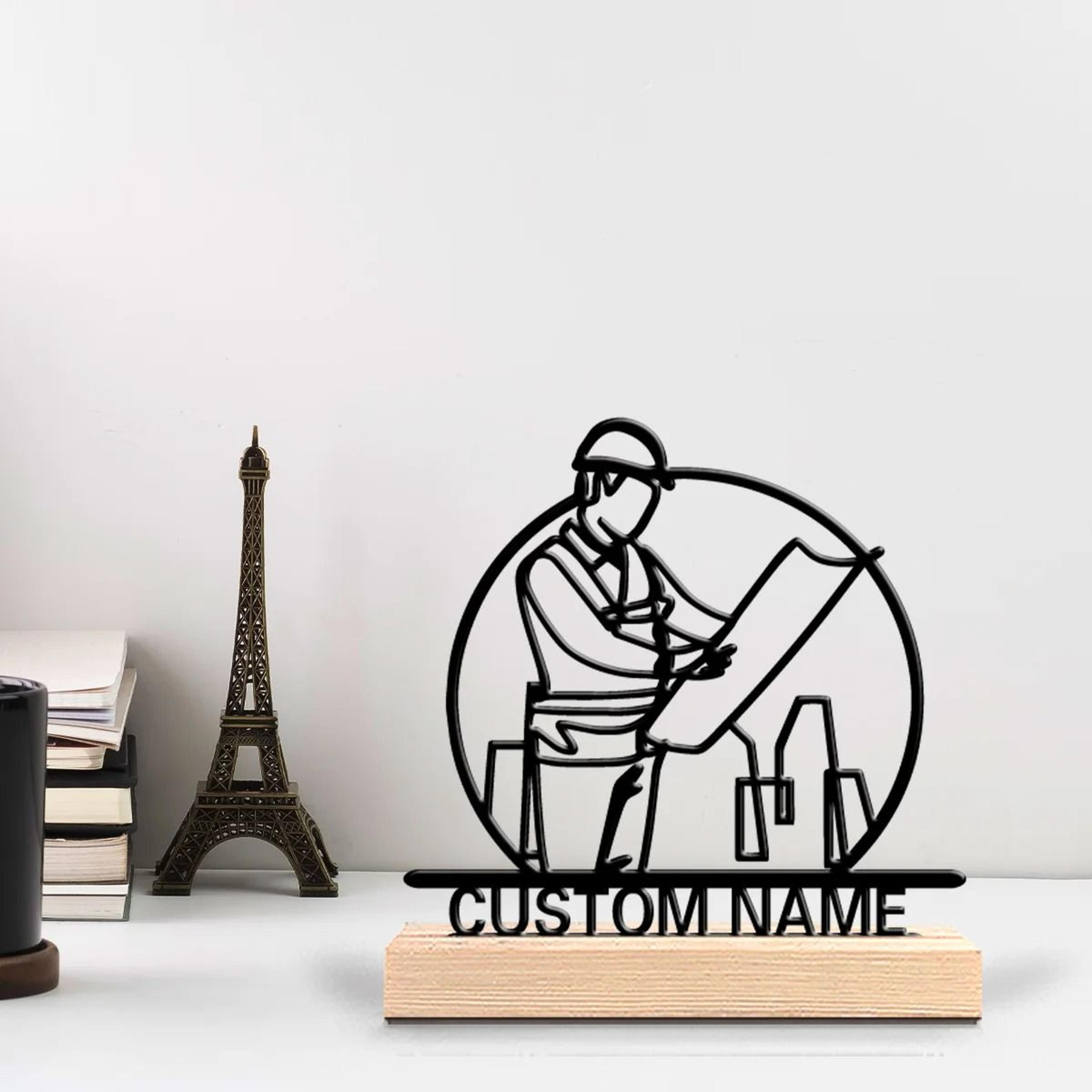 Custom Personalized Architect Metal Statue  Desktop Art With Wood Base For Professional Office Deco 1
