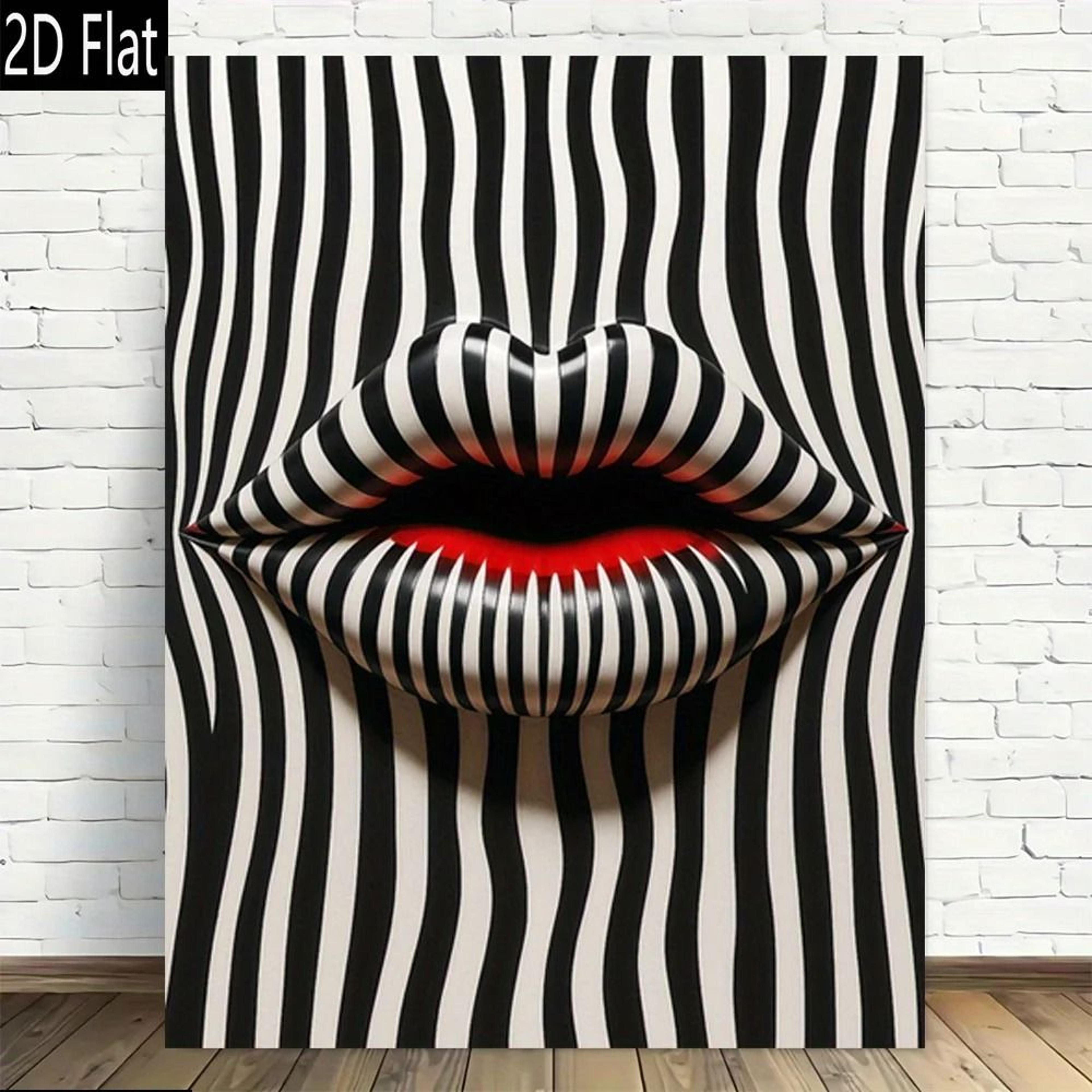 Abstract Striped Lip Canvas Wall Art  Modern Retro Black  White Print For Chic Home  Office Decor 2