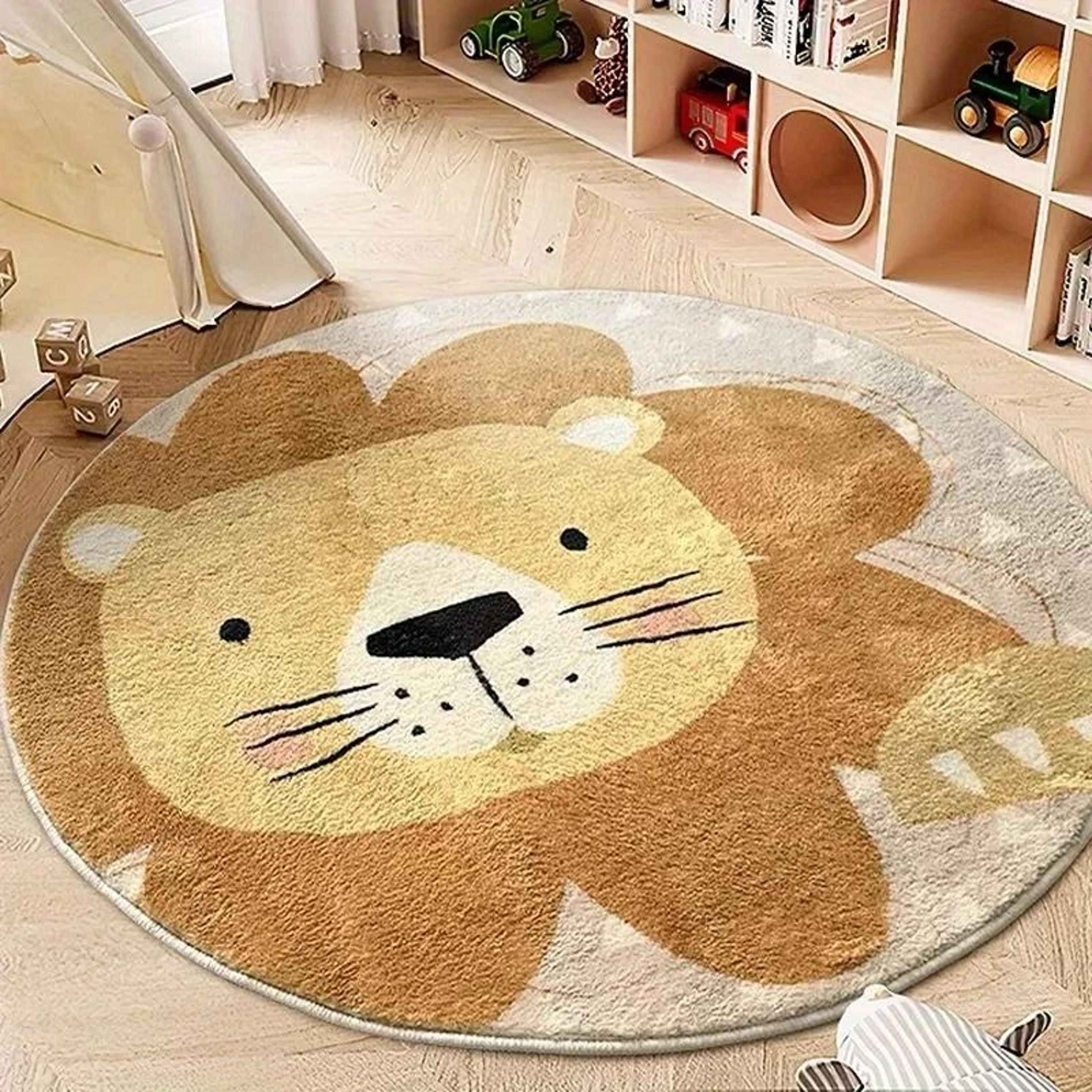 Cartoon Cute Lion Area Rug  Fluffy Soft Plush Childrens Room Carpet  Round Animal Thick Mat For Liv 7