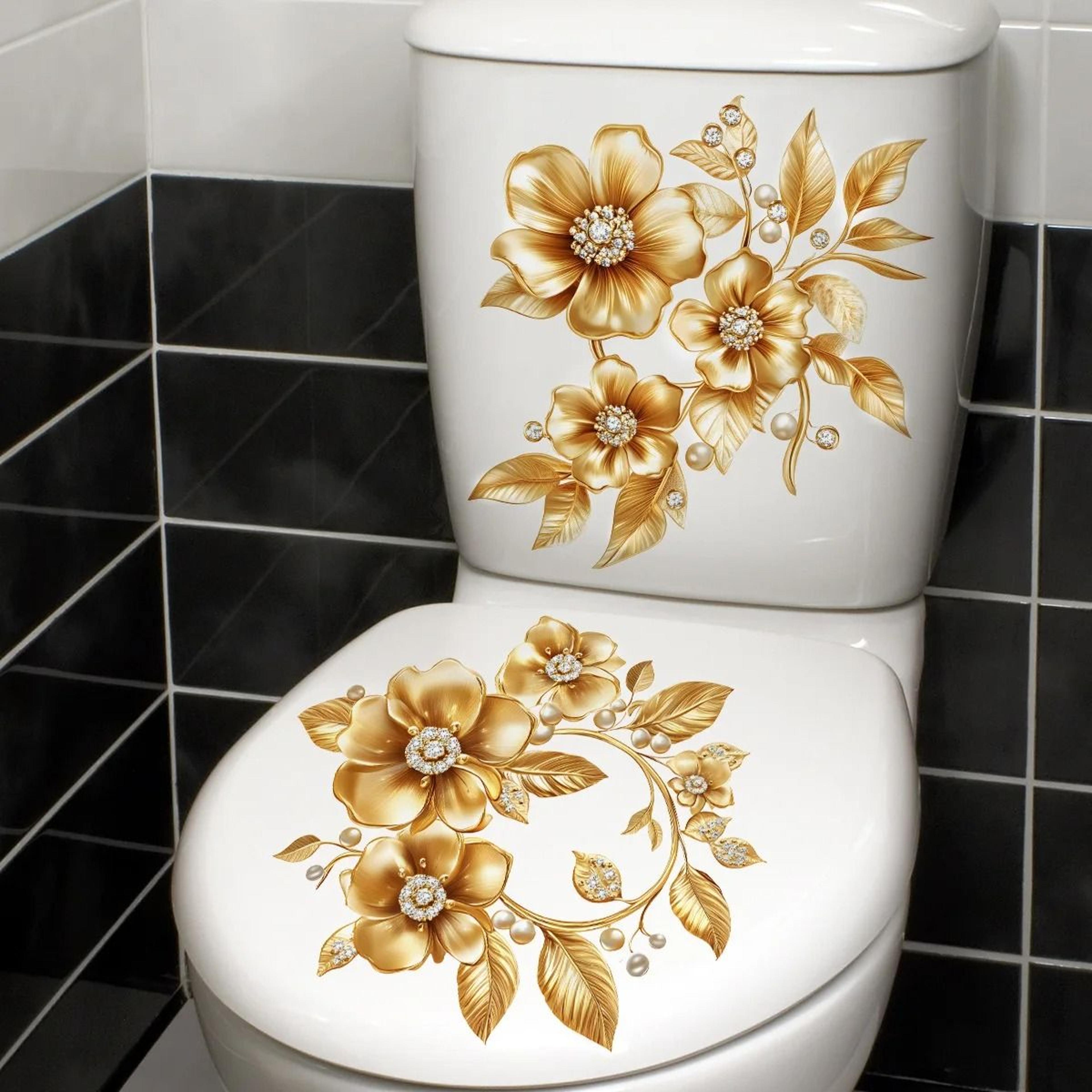Golden Floral Toilet Decal Set  2Piece Waterproof Bathroom Decor  Elegant SelfAdhesive Sanctuary Ar 12