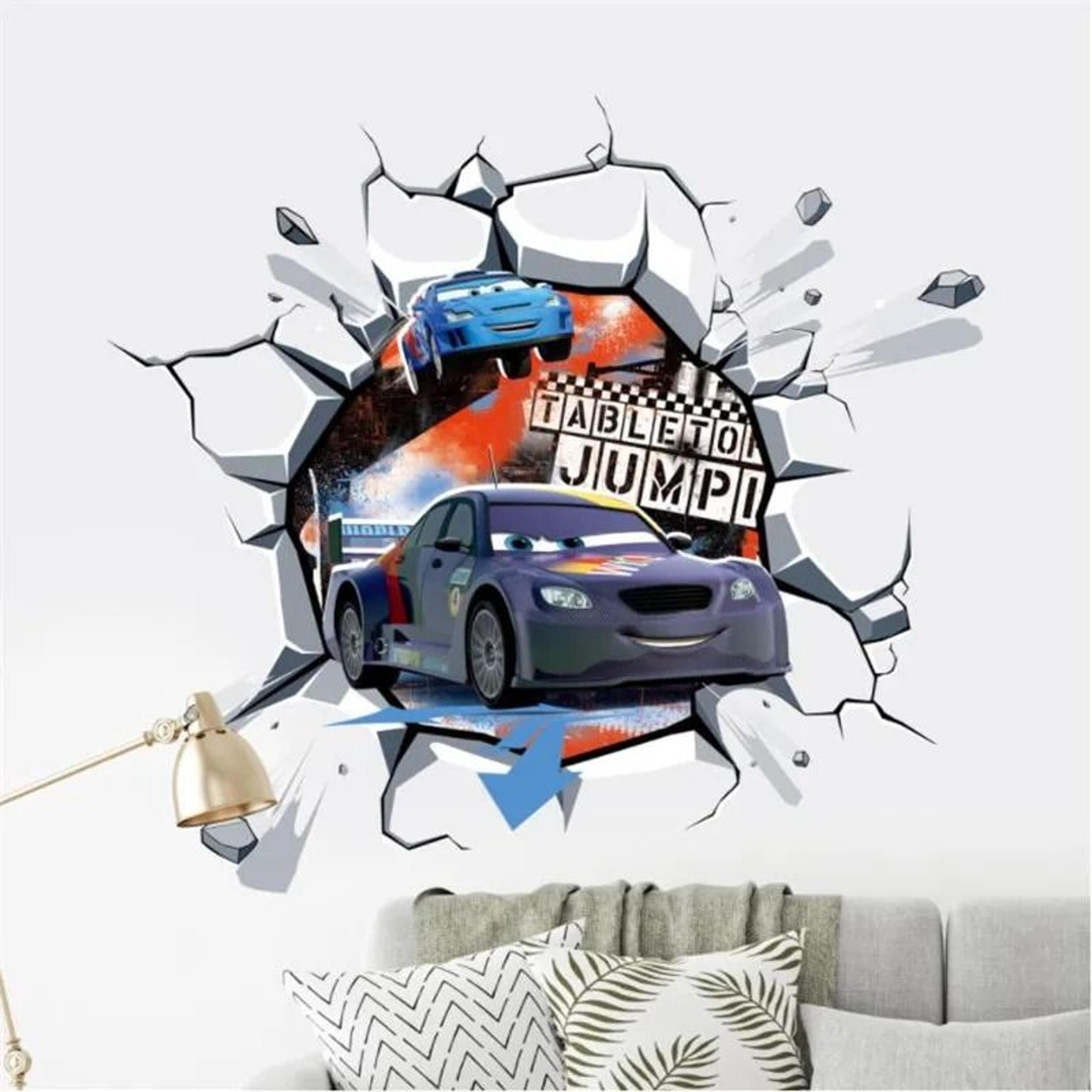 3D Cartoon Cars Breakthrough Wall Decal  Lightning McQueen Racing Mural  HighFidelity Kids Room  Pl 1