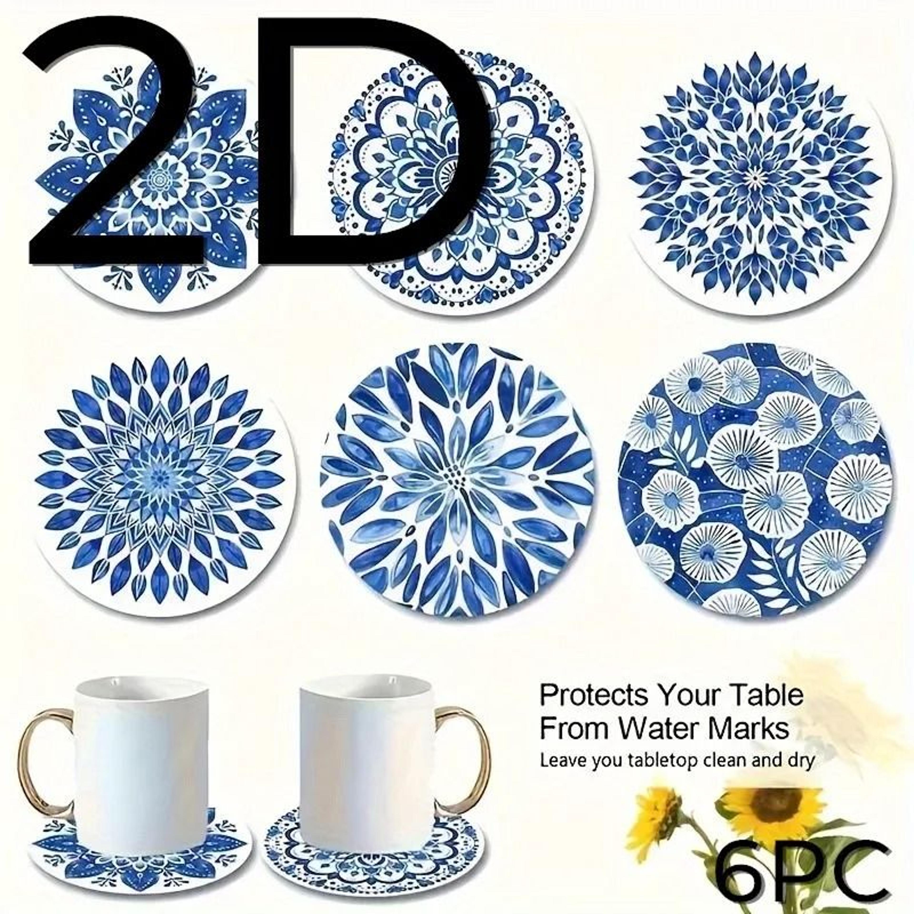 Blue Celadon Theme Wooden Coasters  6pc CeramicAesthetic Desk Mats  Desktop Insulating Coffee Cup D 5