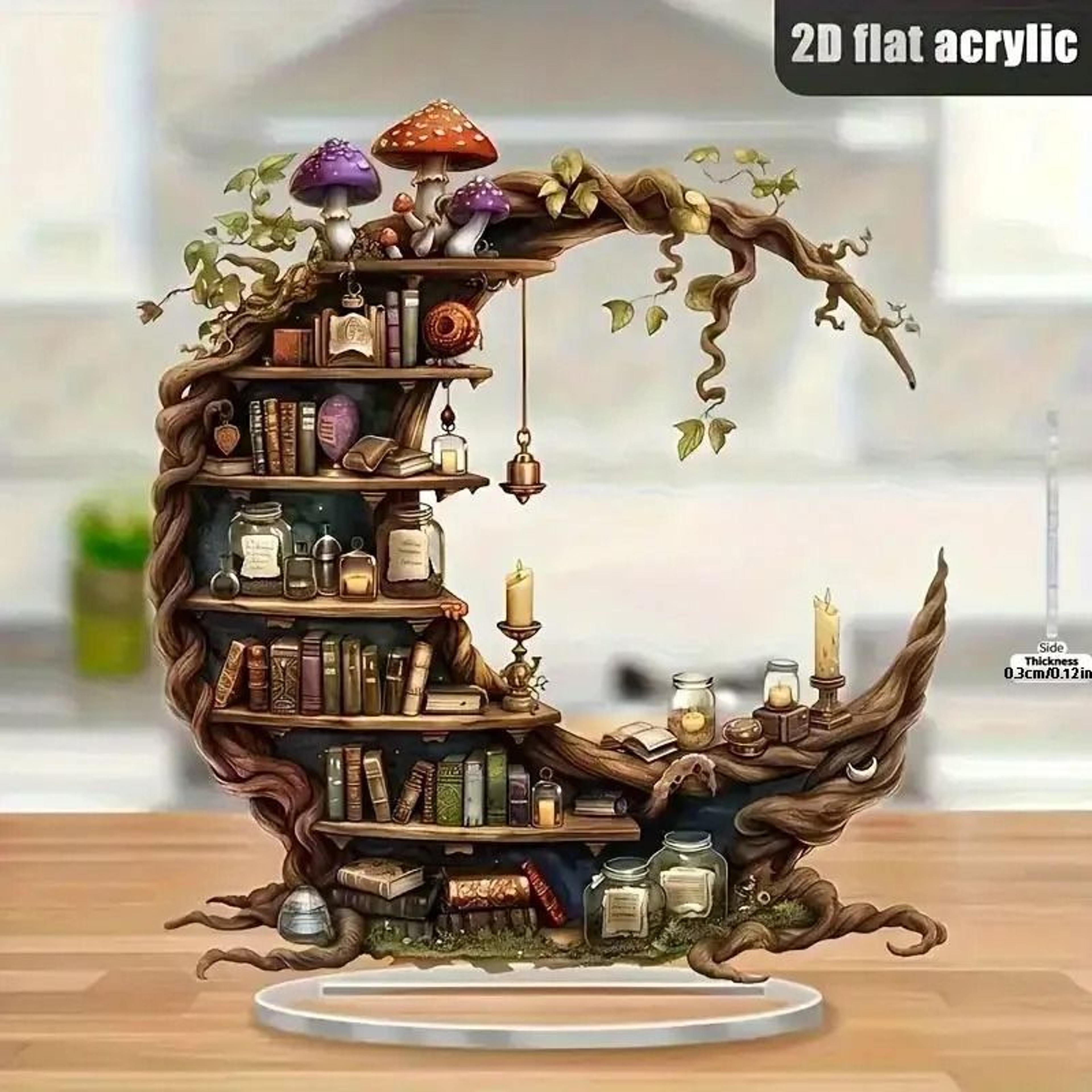 Bohemian Moon Library Desk Decor  Enchanted Forest 2D Acrylic Stand  Professional Mystic Bookshelf  2