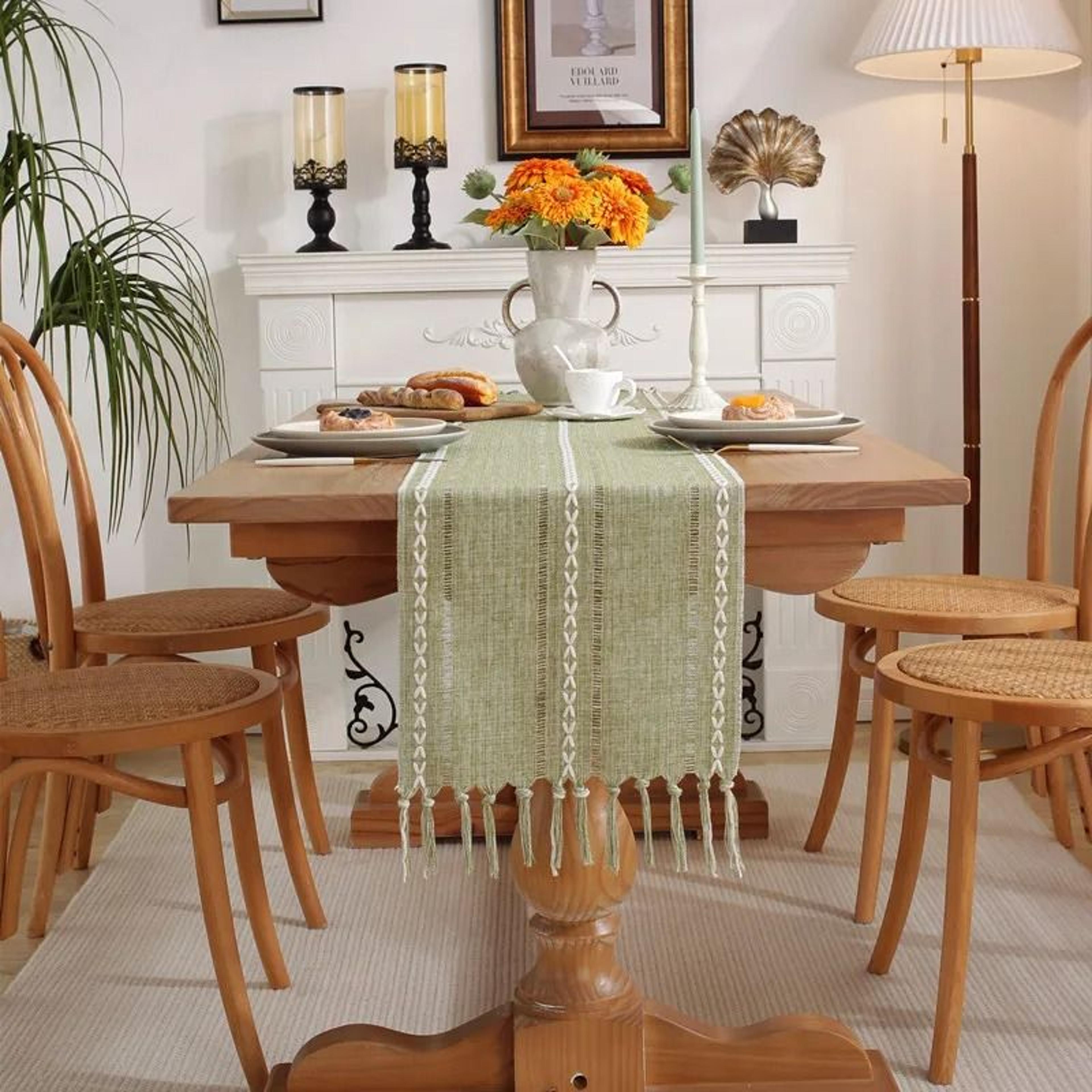 Sage Green Boho Table Runner  Rustic Tassels  Braided Linen  Professional Farmhouse Dining  Wedding 8