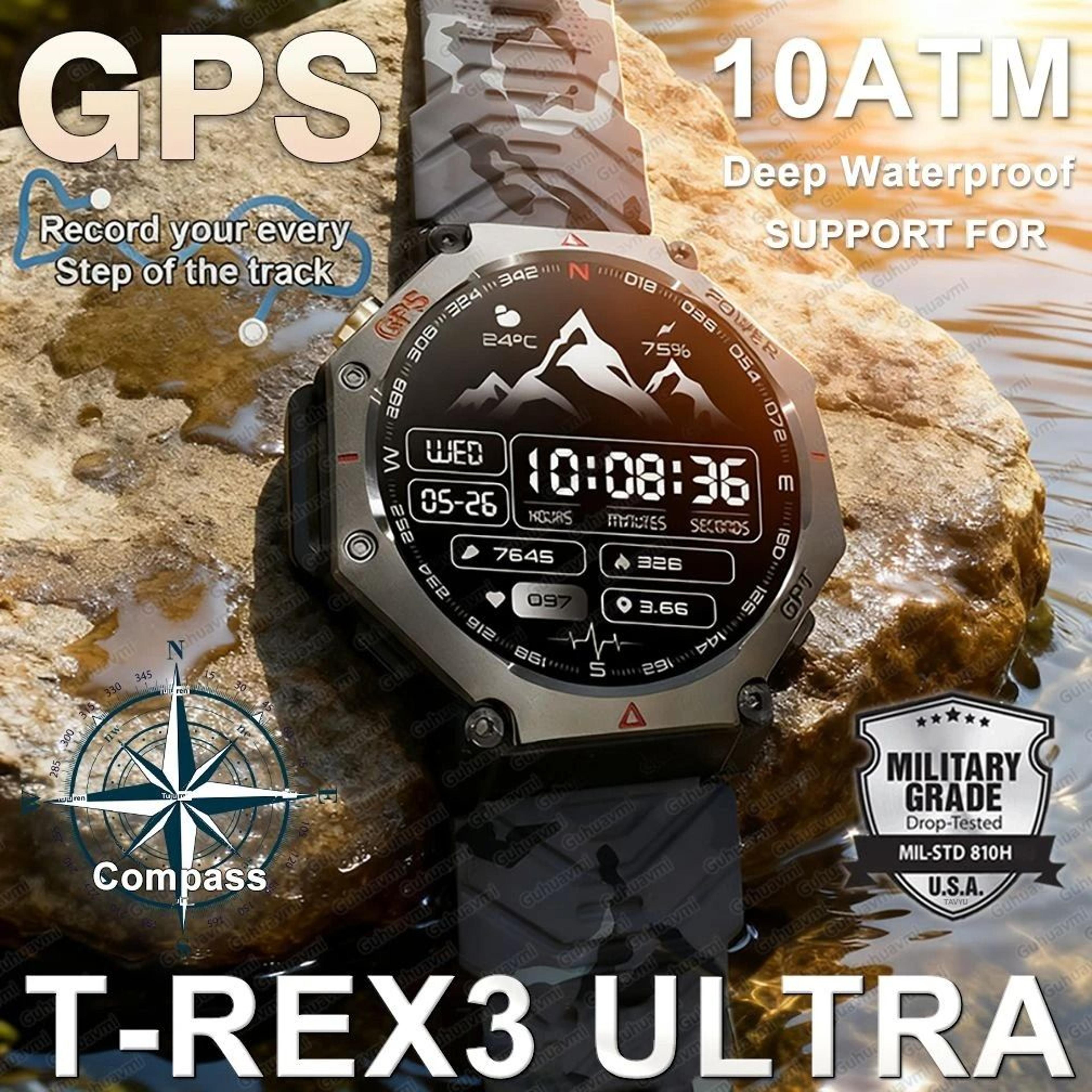 t-rex 3 ultra military grade smartwatch | 10atm waterproof & gps | executive hd call altimeter sports system