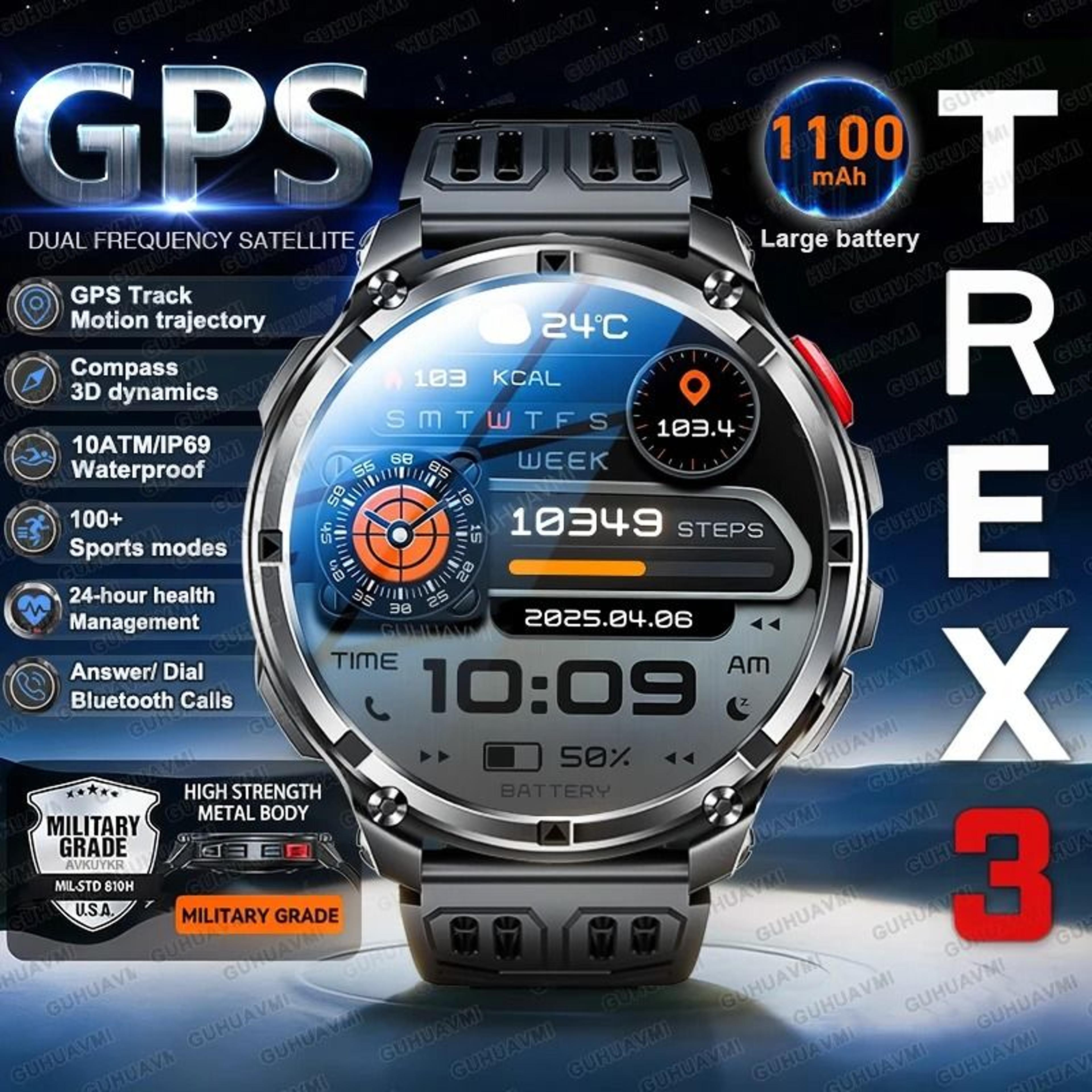 t-rex 3 pro military smart watch | 1100mah battery & gps compass | rugged 10atm waterproof sports tracker