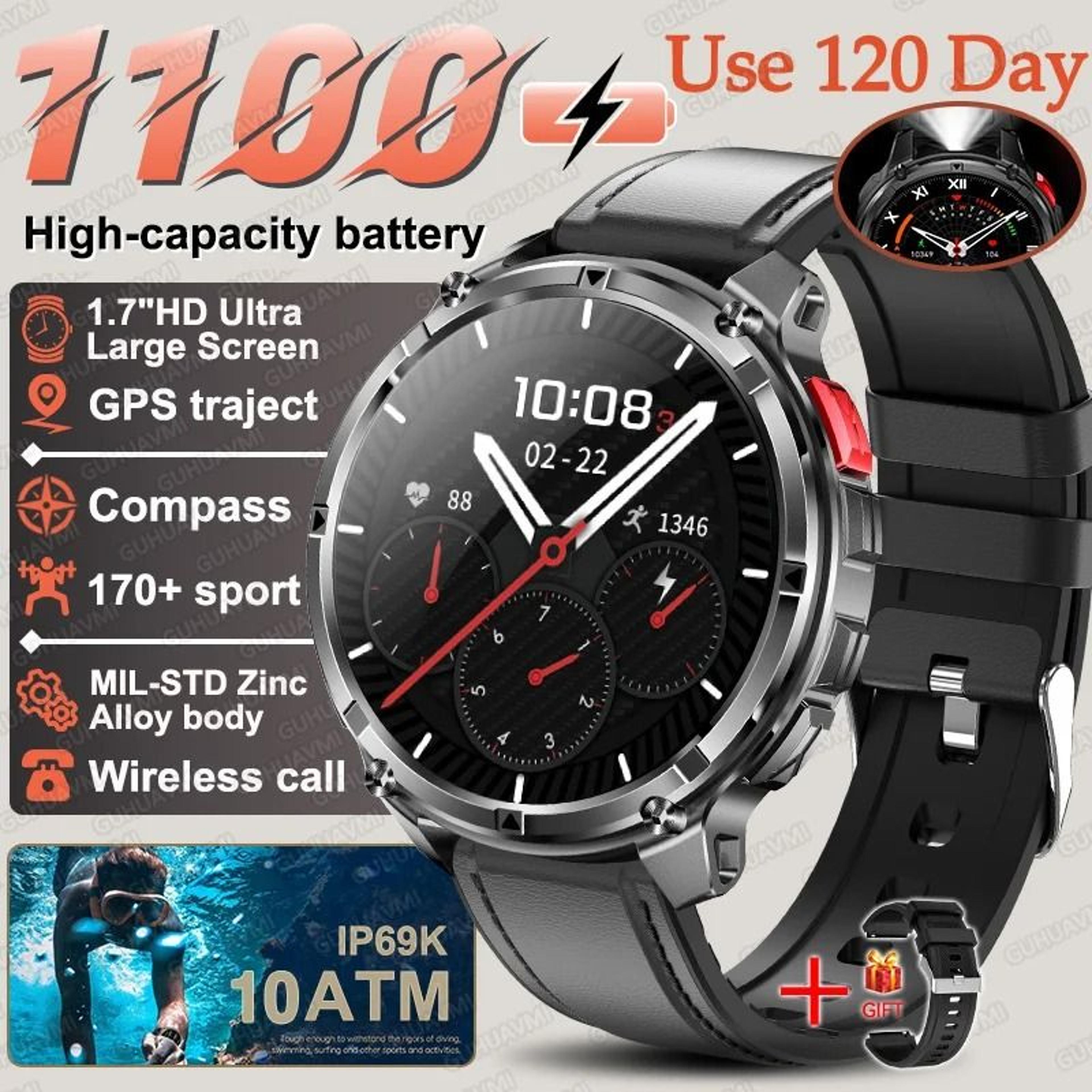 TRex 3 Pro Military Smart Watch  1100mAh Battery  GPS Compass  Rugged 10ATM Waterproof Sports Track 12