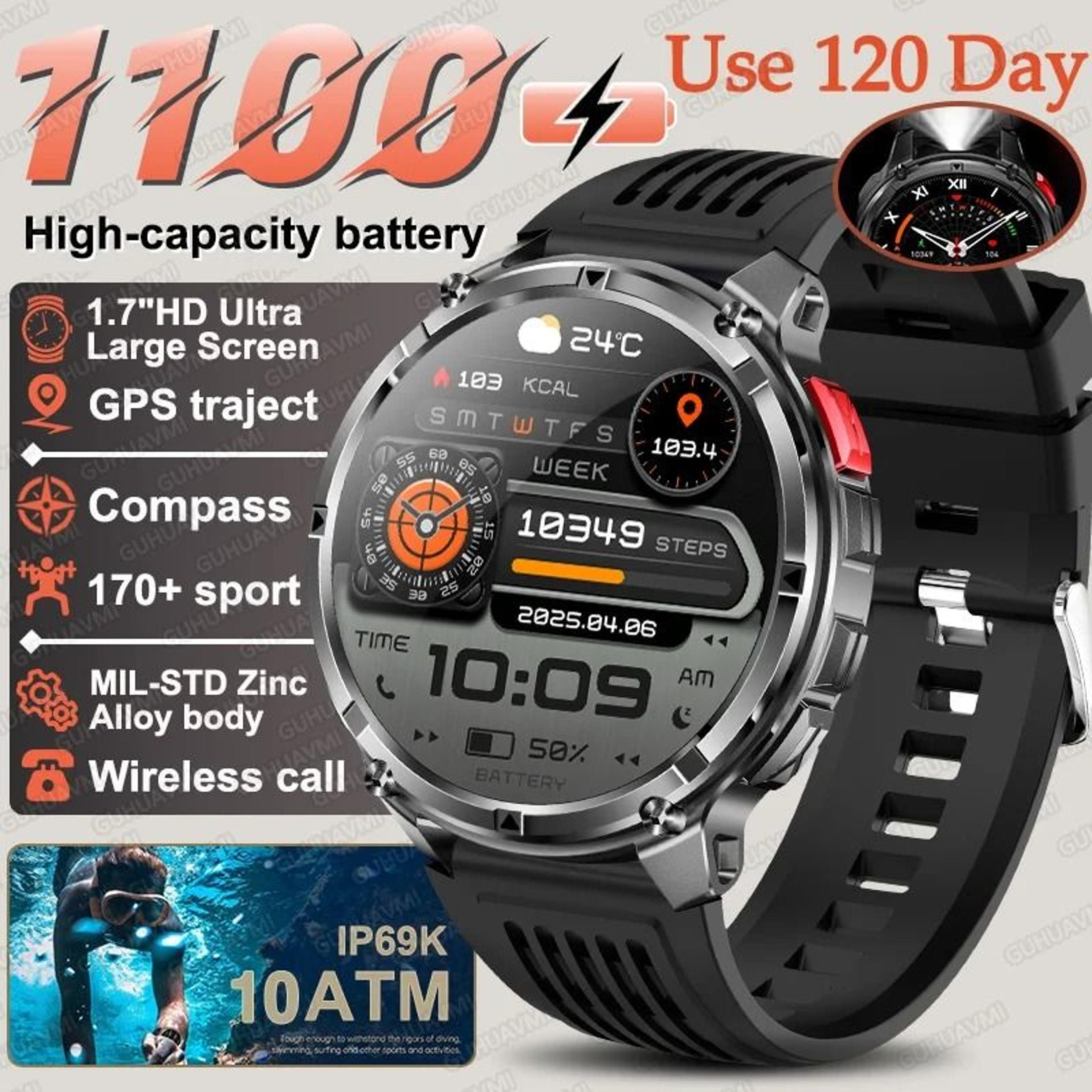 TRex 3 Pro Military Smart Watch  1100mAh Battery  GPS Compass  Rugged 10ATM Waterproof Sports Track 6