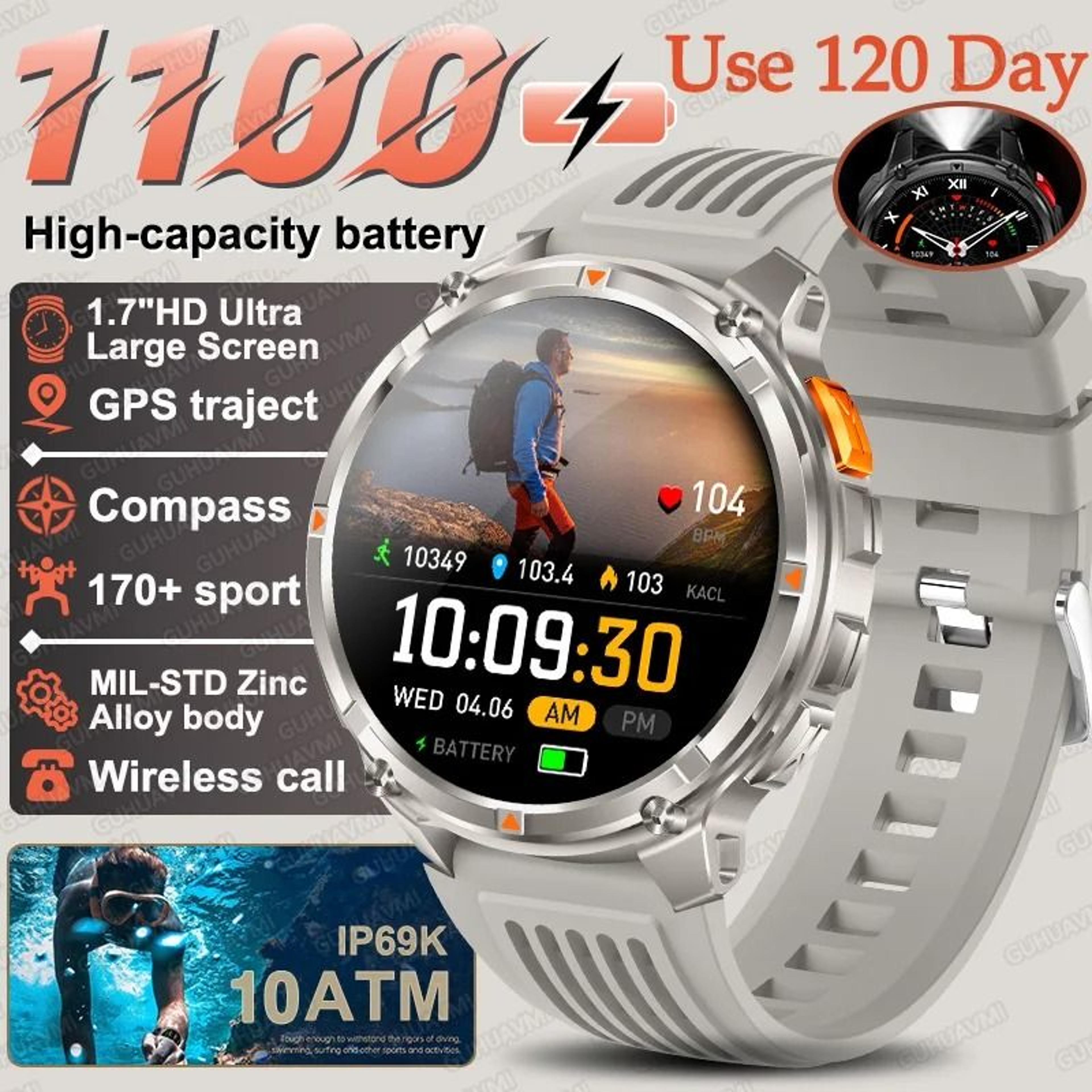 TRex 3 Pro Military Smart Watch  1100mAh Battery  GPS Compass  Rugged 10ATM Waterproof Sports Track 7
