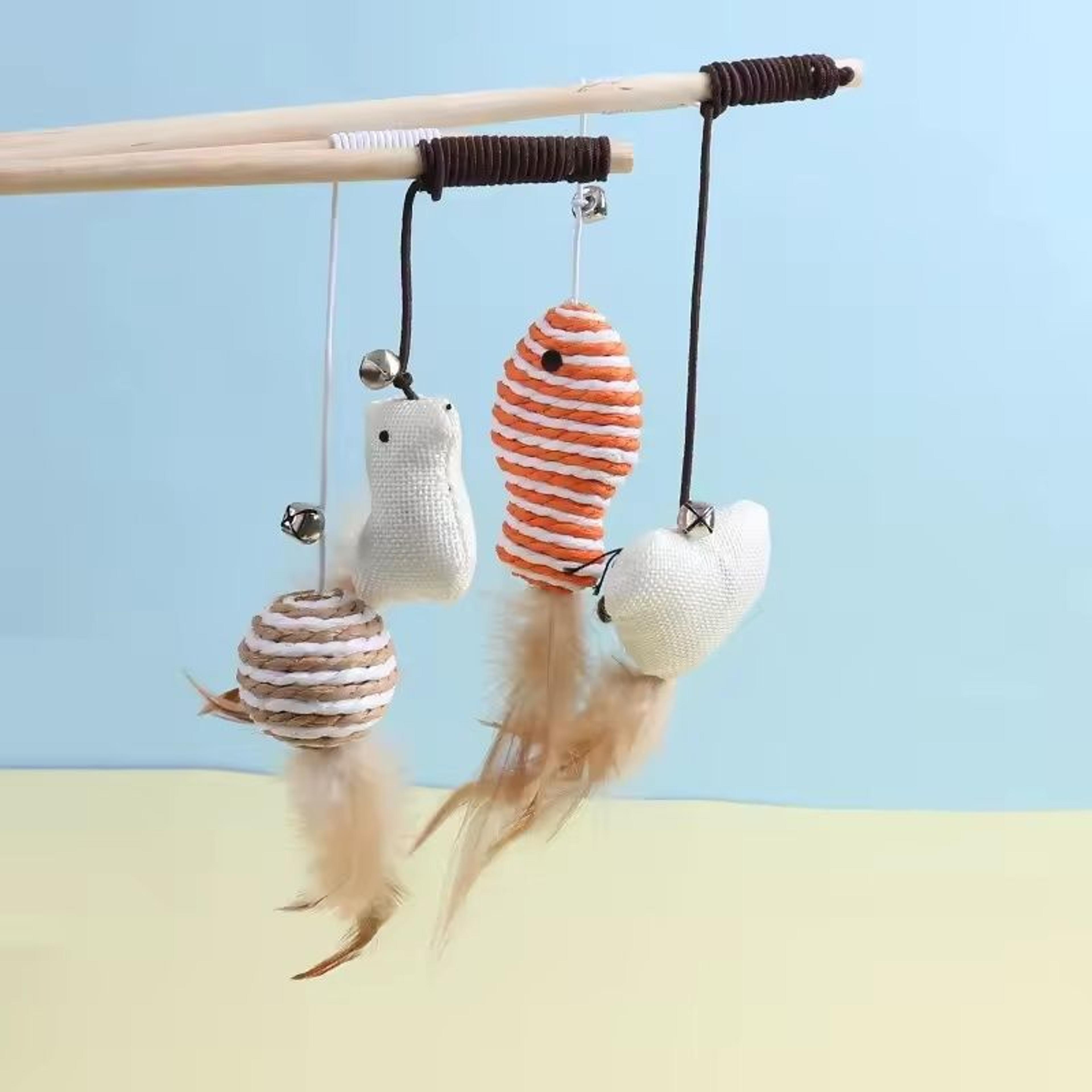 Wooden Mouse  Feather Teasing Cat Rod 4