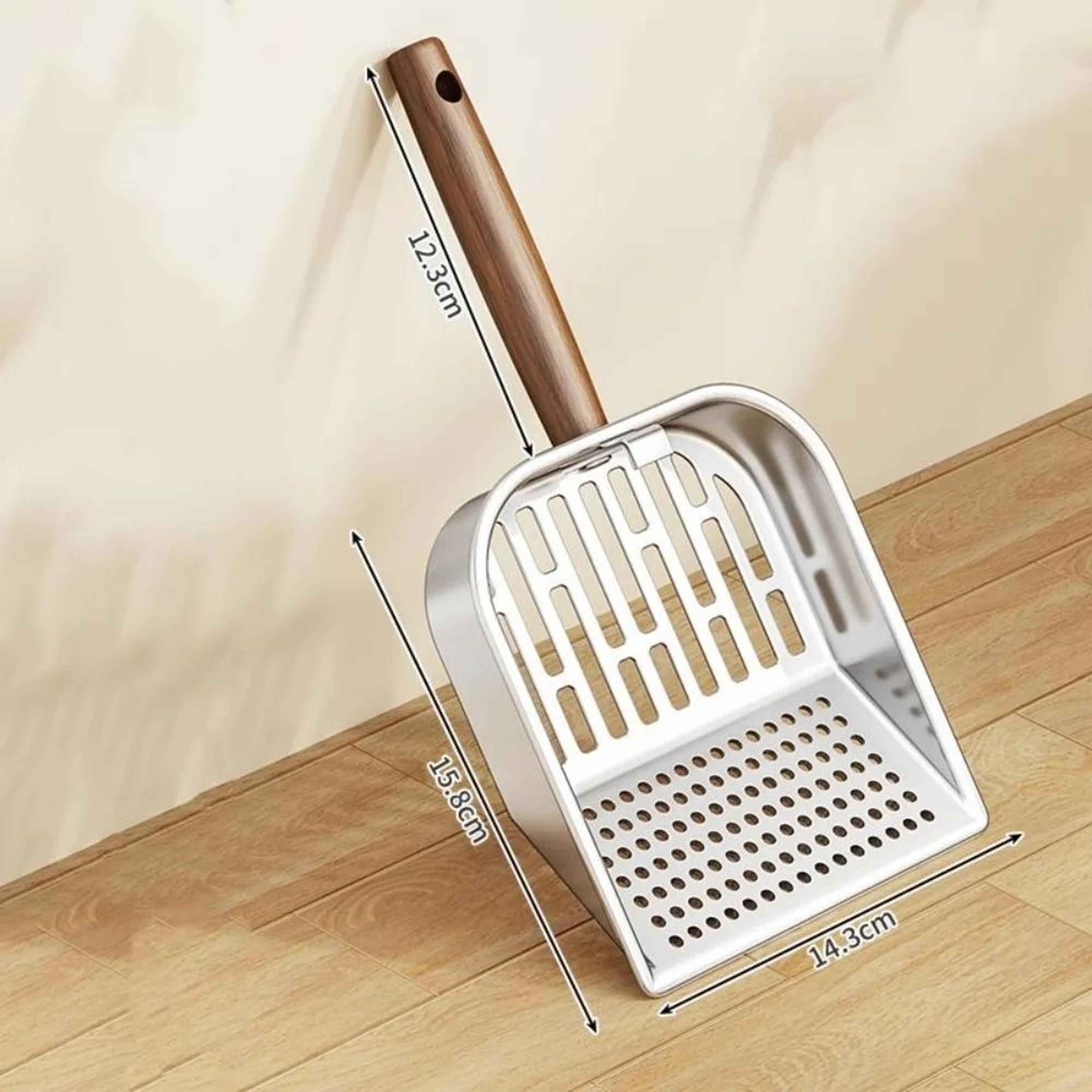 premium stainless steel cat litter scoop with durable wooden handle and dual-sized sifting slots