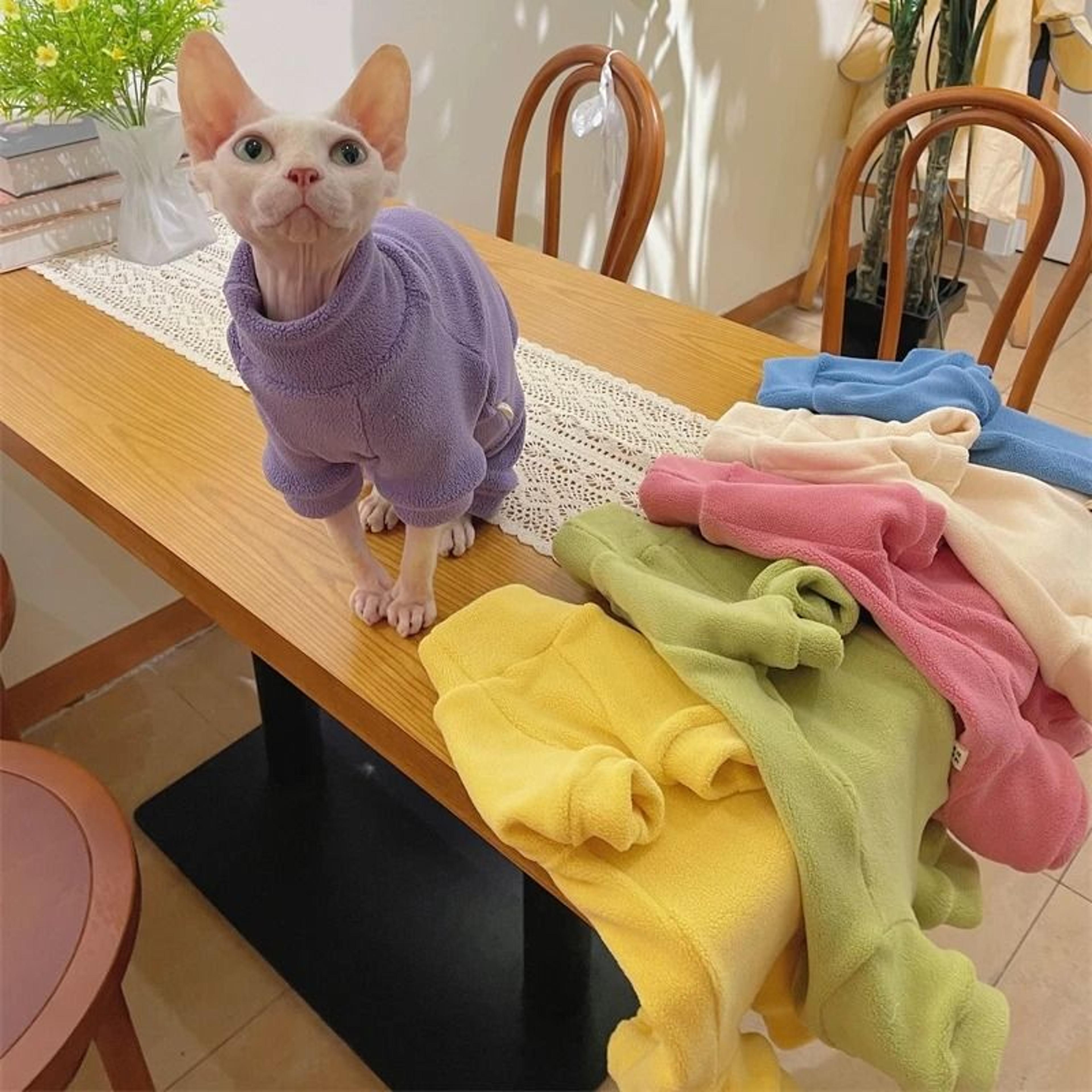 warm soft fleece 4-legged jumpsuit sweatshirt coat for sphynx and devon rex cats