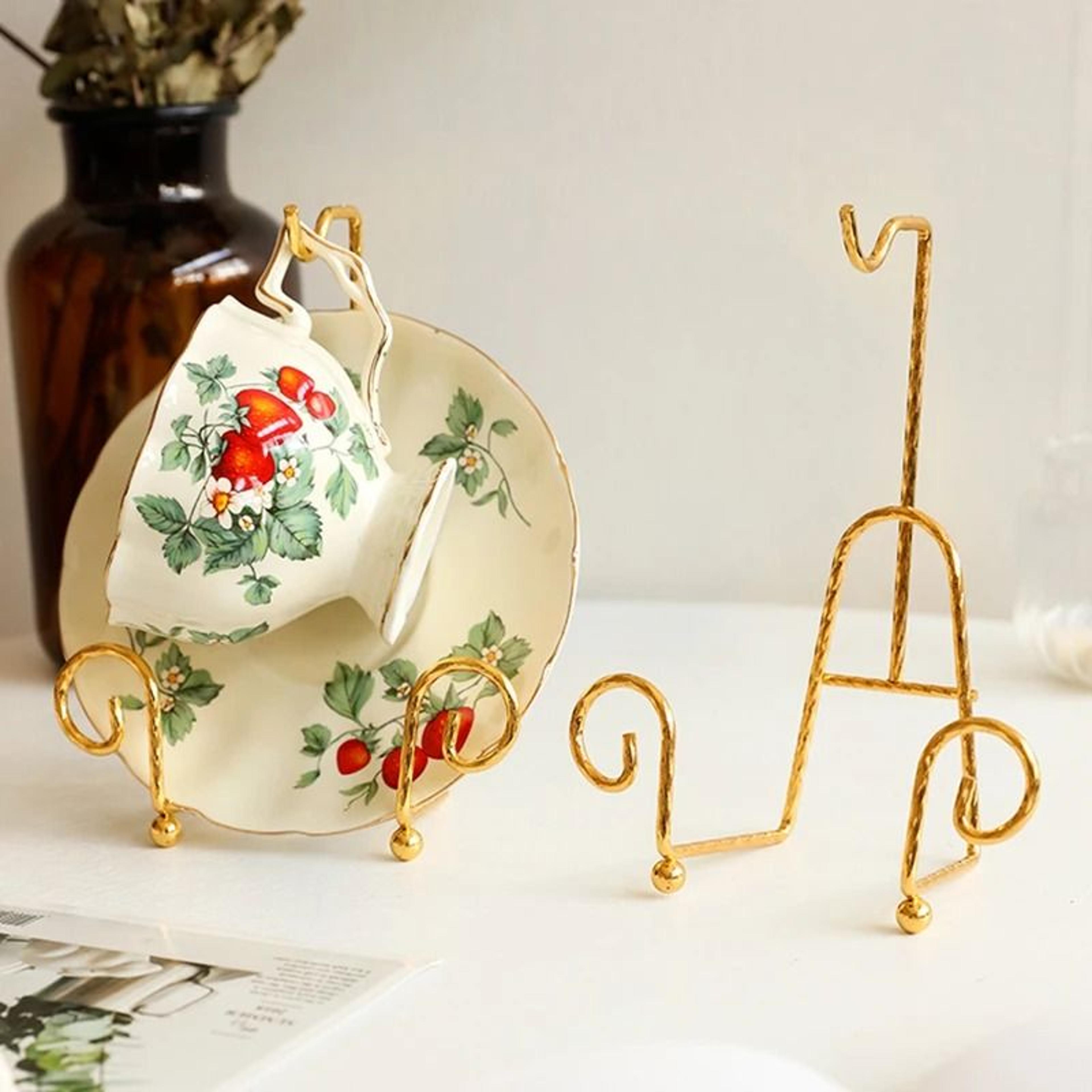 luxury metal tea cup and saucer display rack - elegant coffee mug storage holder stand