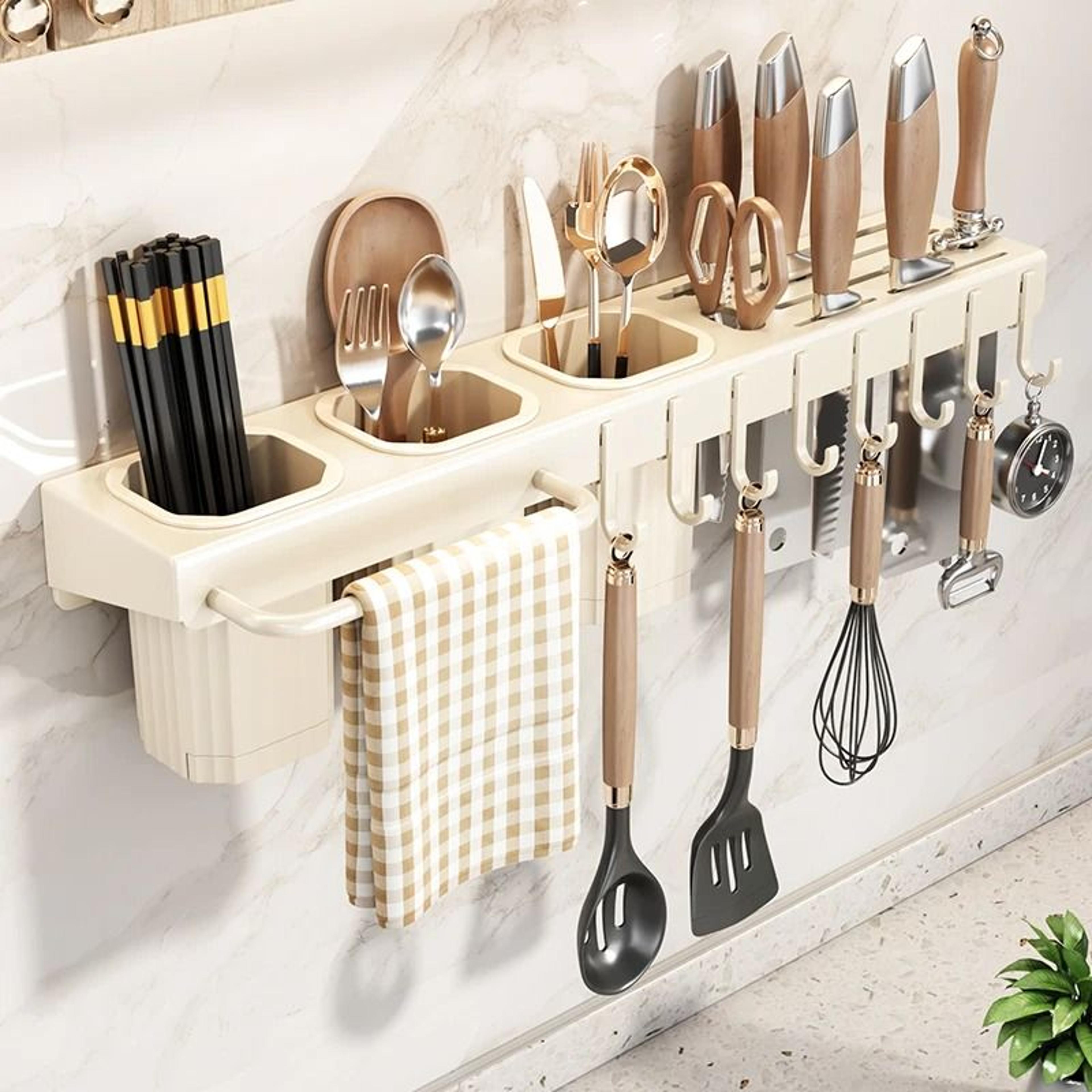 WallMounted Multifunctional Kitchen Knife Rack  Integrated Utensil Holder  Chopstick Tube 1