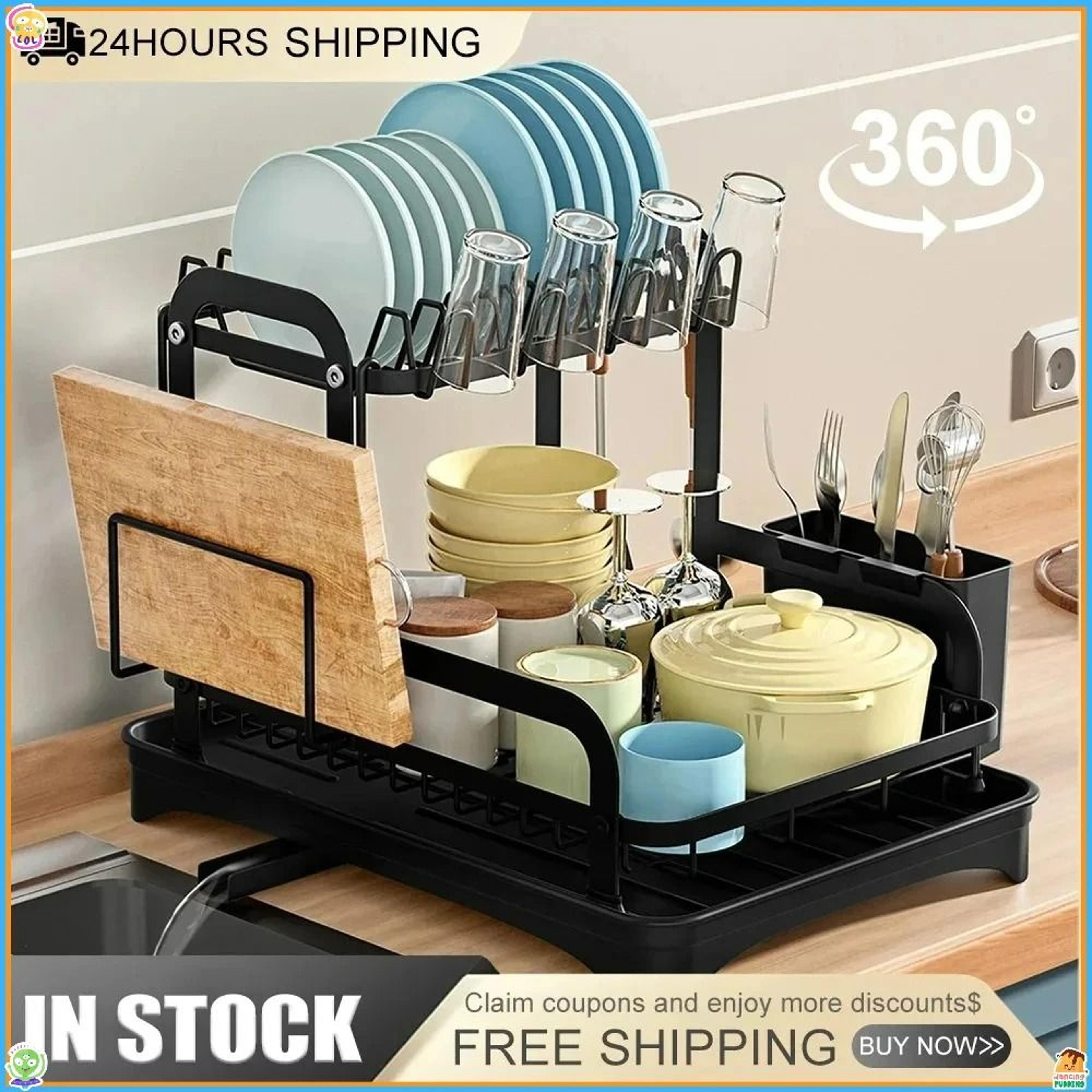 Premium 2Tier Dish Drying Rack  DoubleDecker Kitchen Sink Organizer With 360Degree Retractable Drai 0