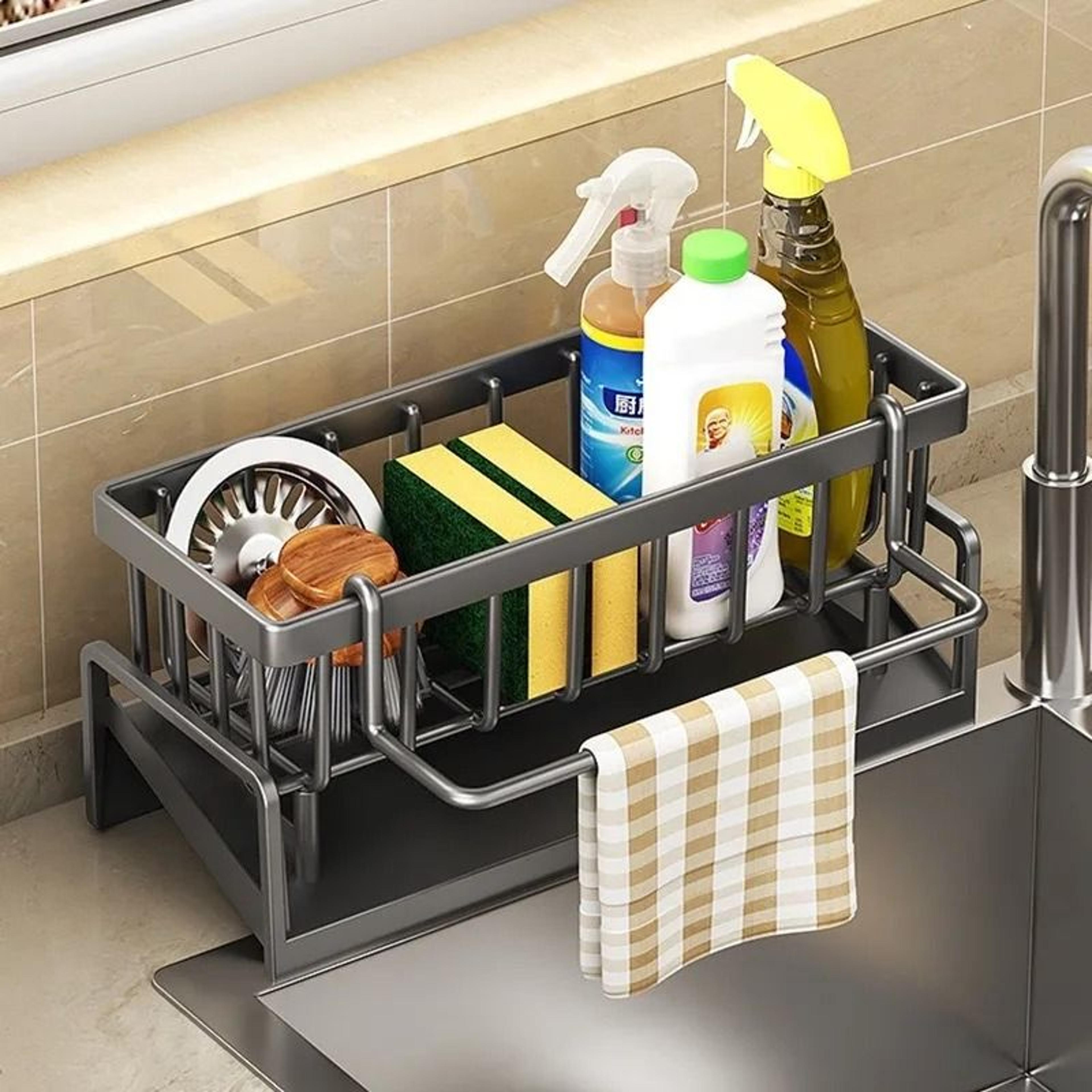 Sink Faucet Drain Rack  Sponge Holder  Adjustable TapMounted Towel Rail  Soap Organizer Shelf 0