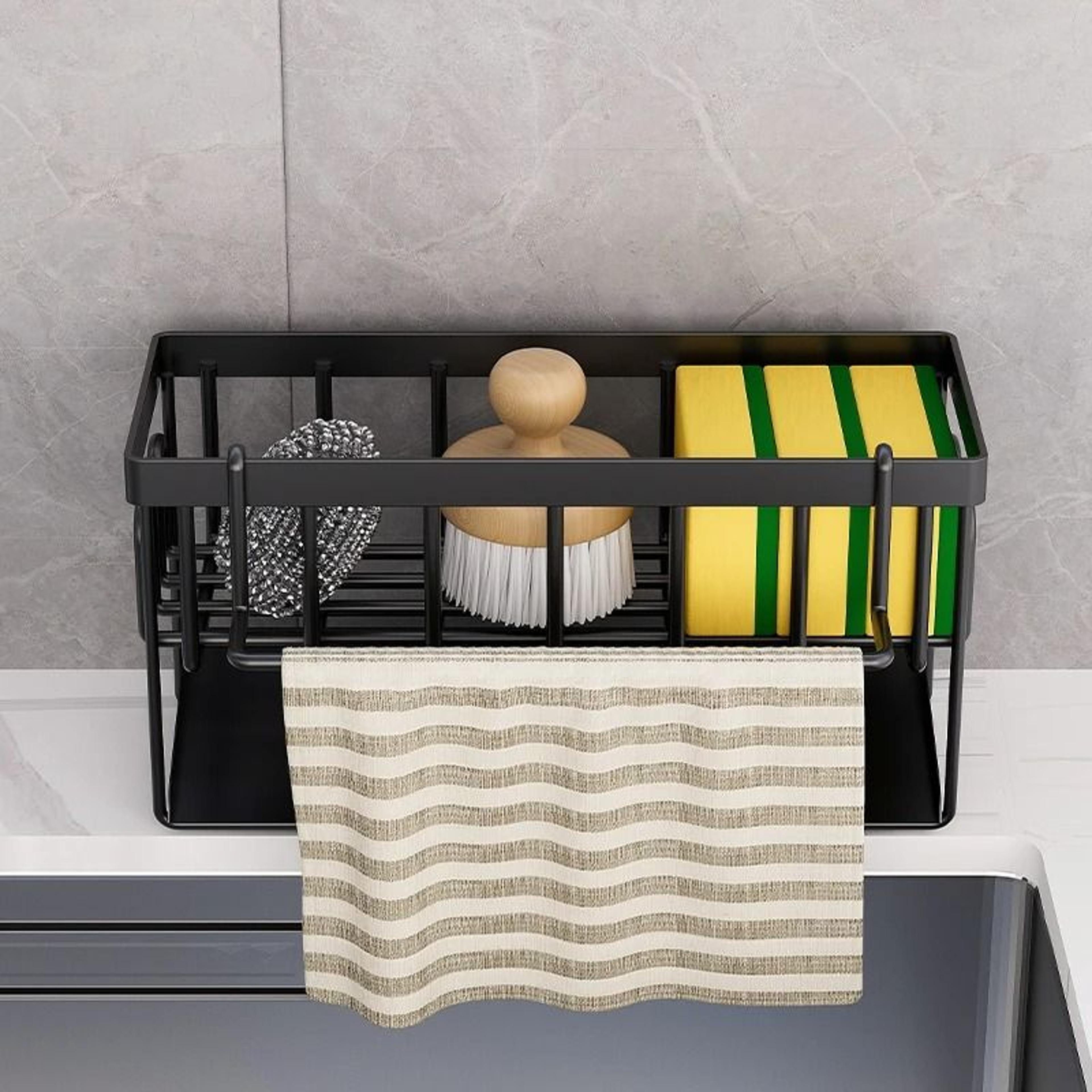metal self-draining sink organizer – adhesive countertop wall-mount caddy with sponge holder & dishcloth towel rack