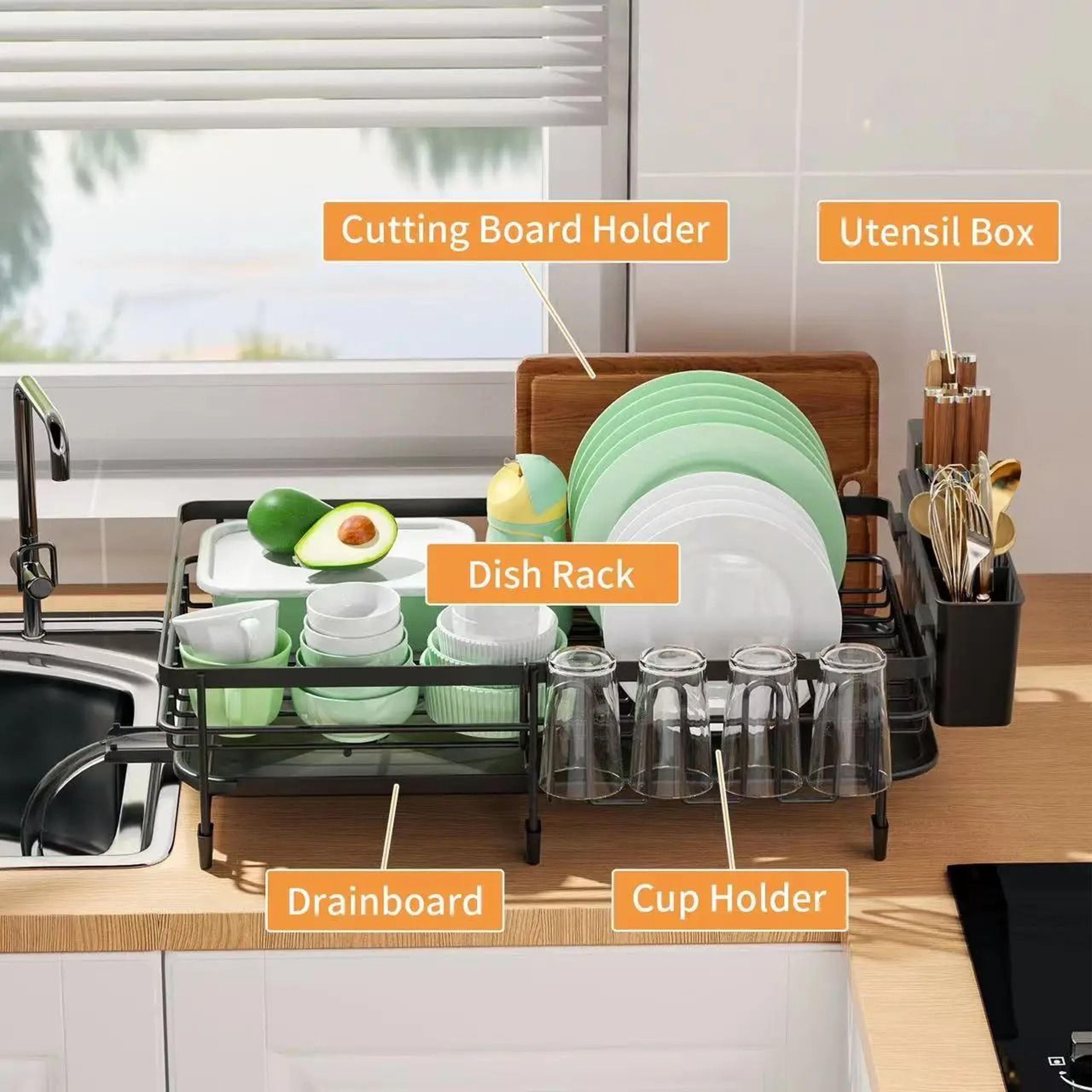 Expandable Dish Drying Rack  Stainless Steel Countertop Organizer With Swivel Spout  Utensil Holder 4