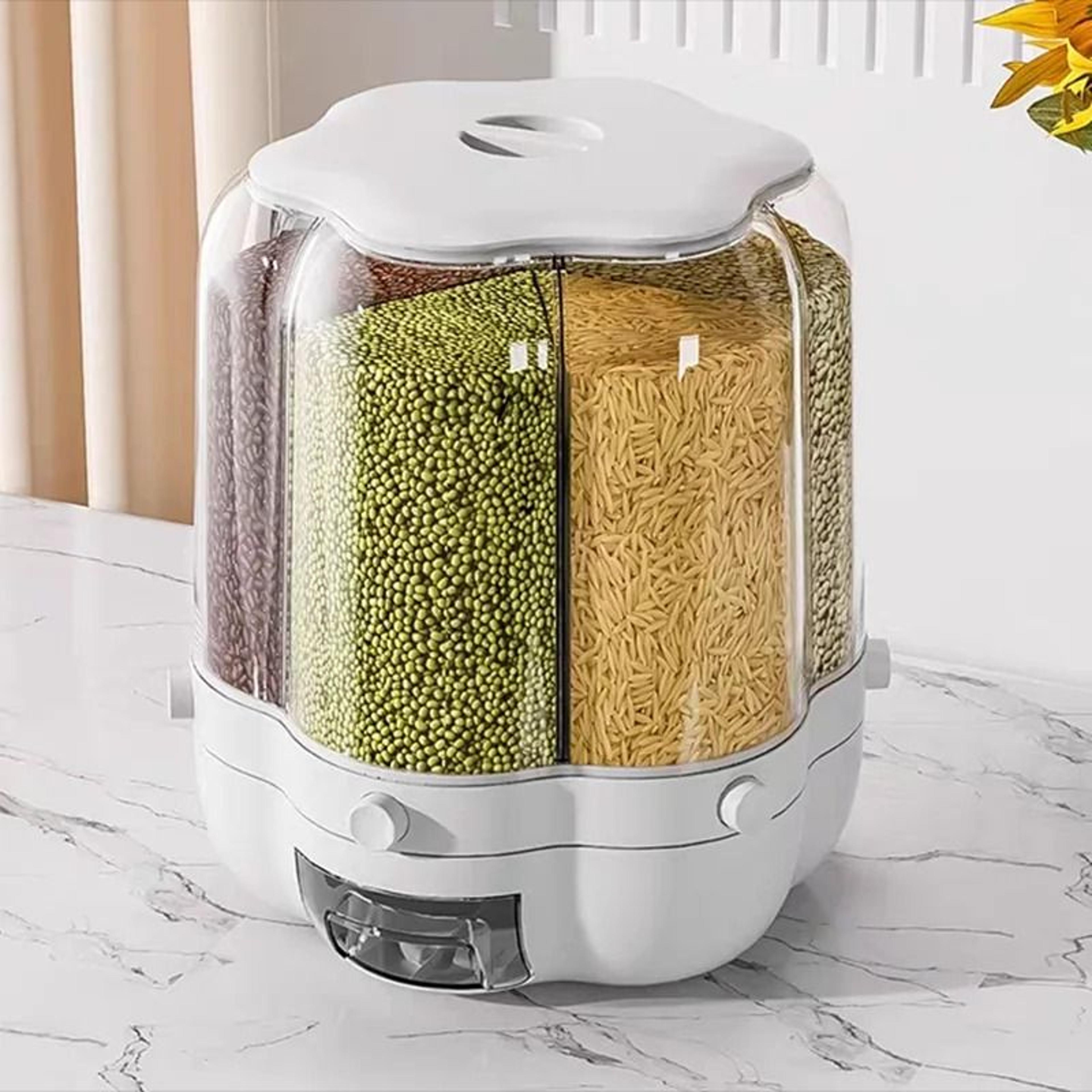 rotating food storage container – multi-compartment airtight rice & grain distributor with lid