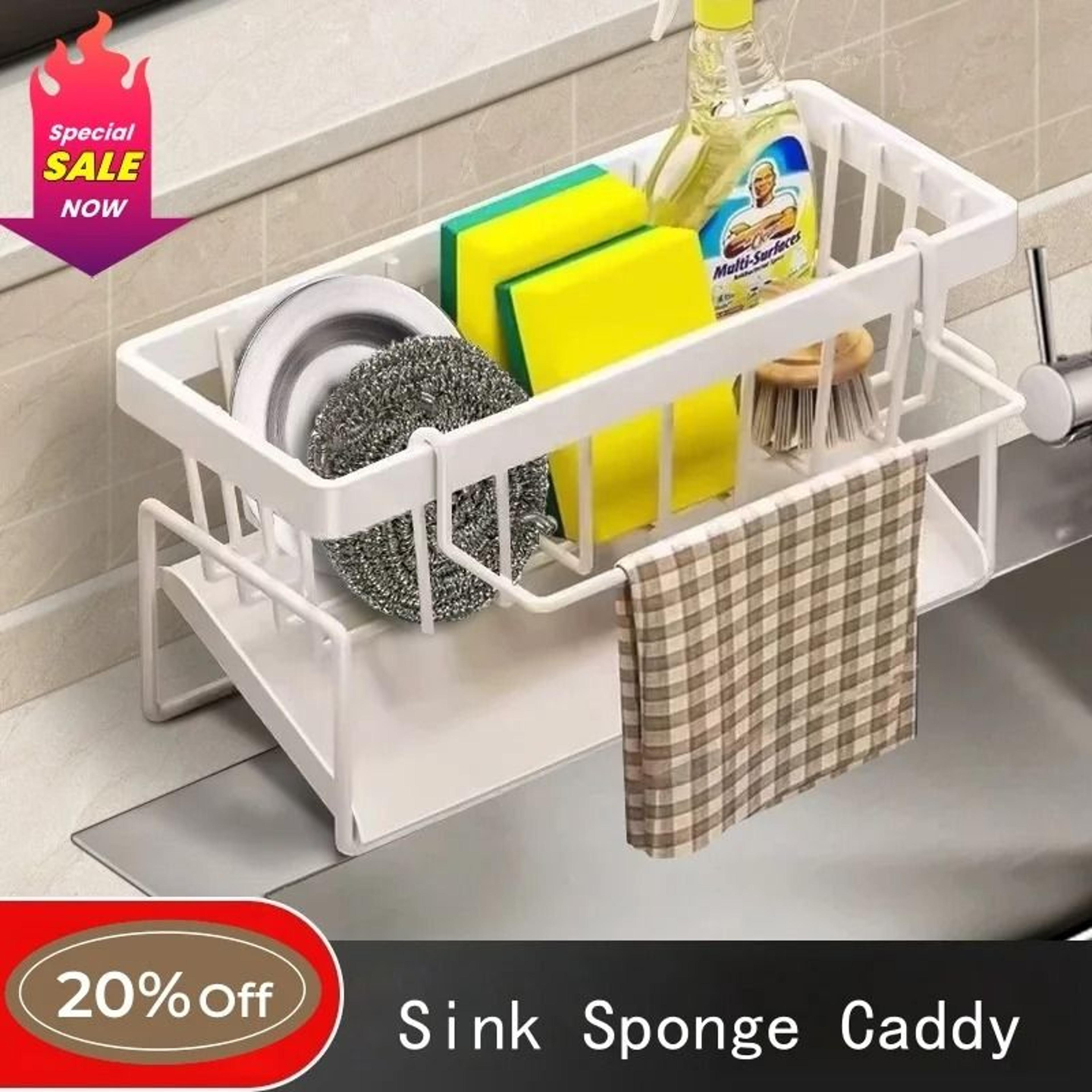 Hanging Sink Sponge Holder Caddy  WallMounted Kitchen Organizer With Dishcloth Hanger  Adhesive Sti 8