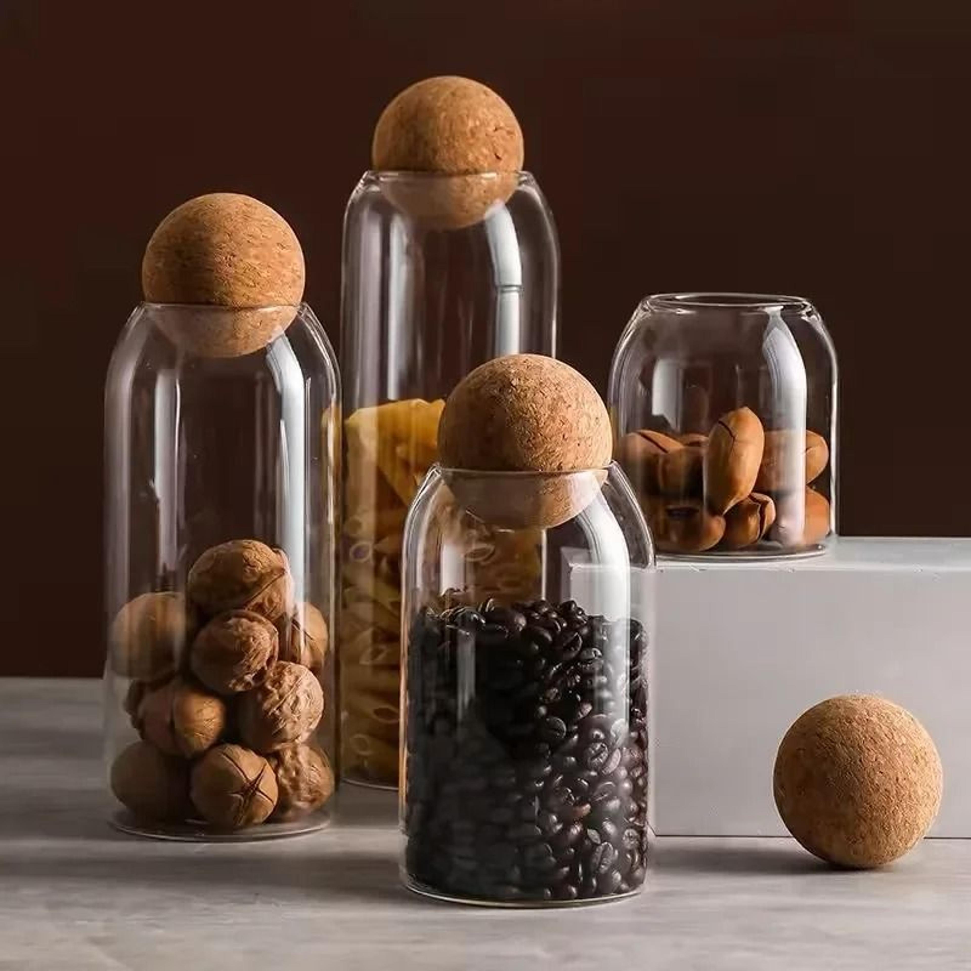 clear glass sealed storage jar with round cork lid