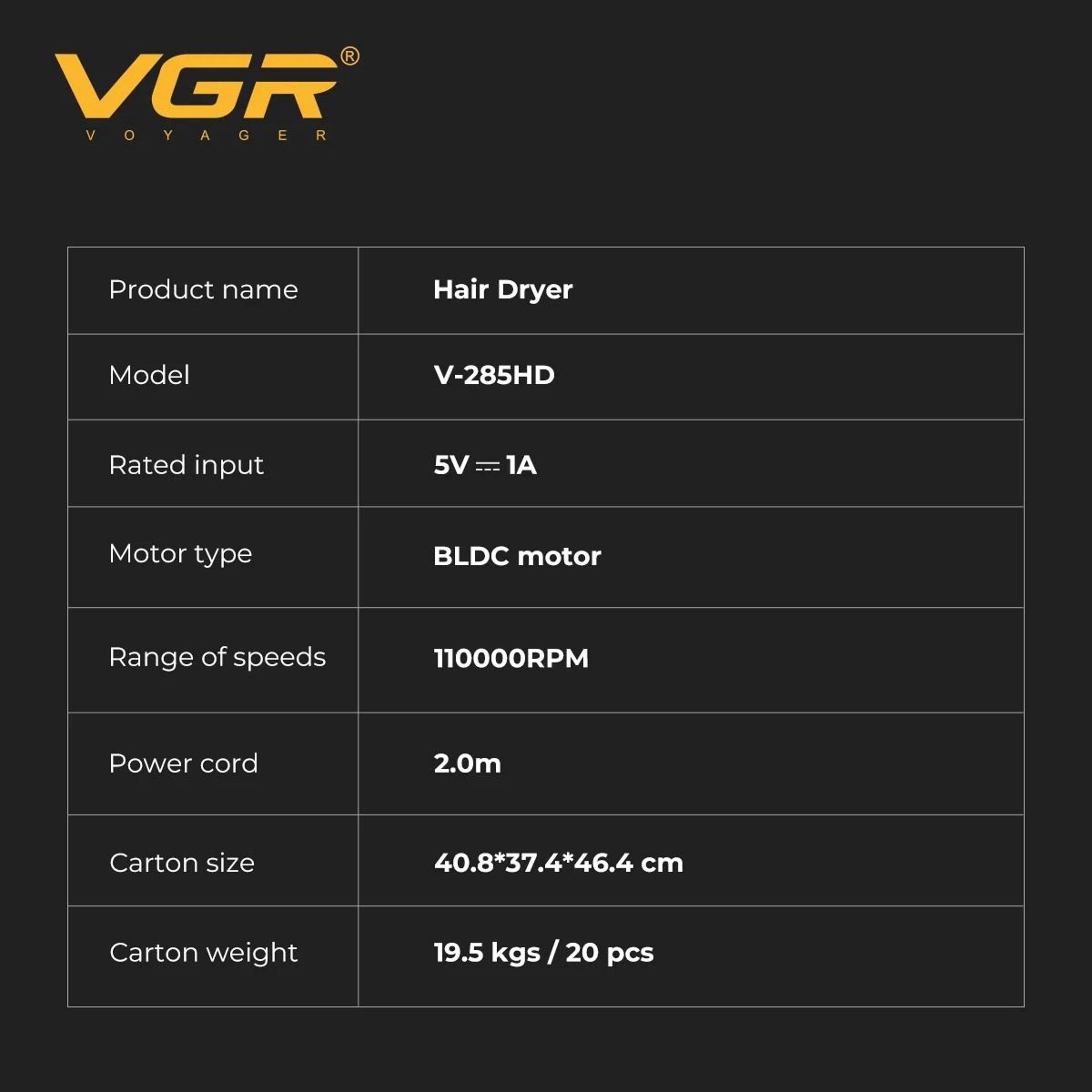 Professional 110000 RPM Brushless Motor Hair Dryer Model V285 HD 4