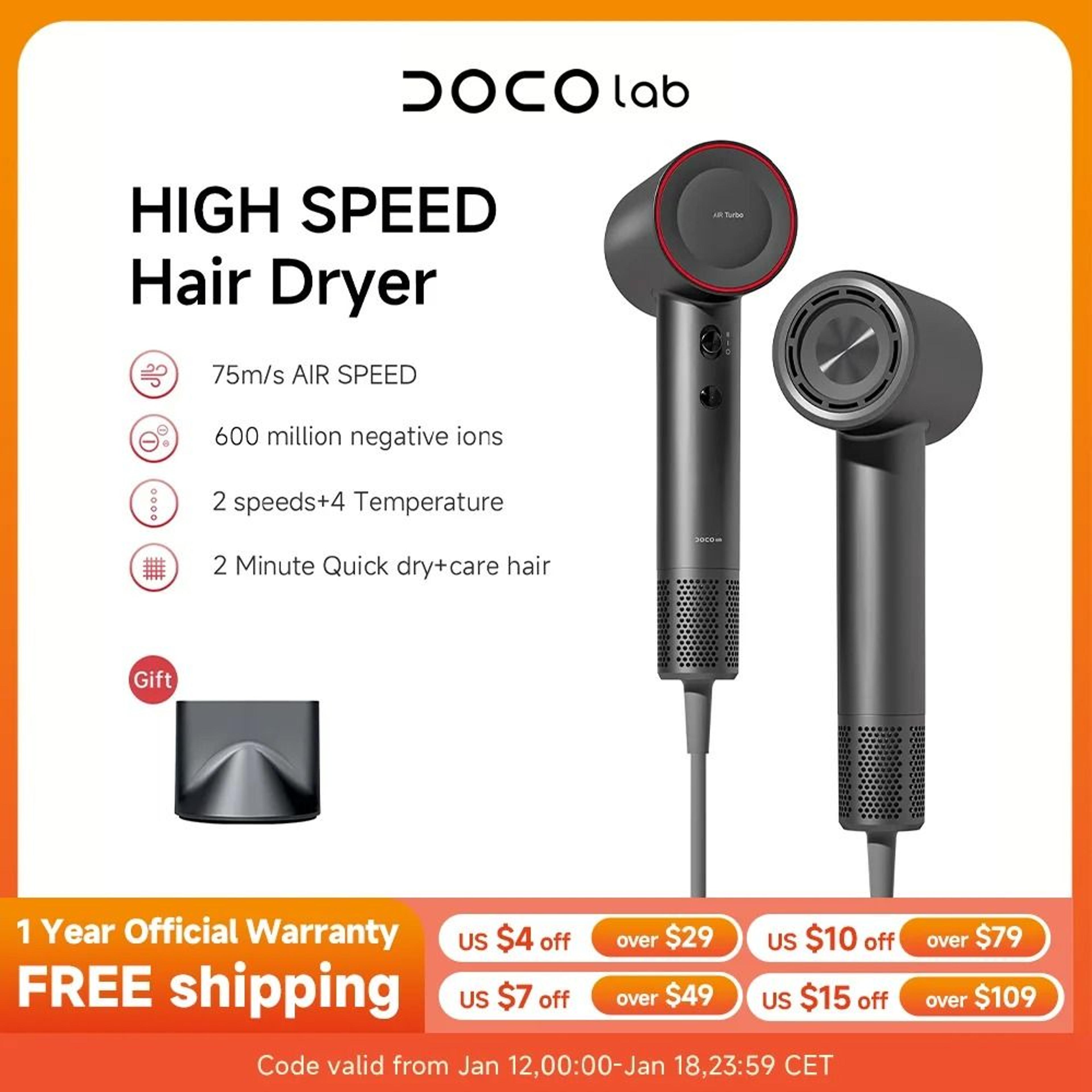 doco professional 110000 rpm high-speed 600 million negative ion hair dryer