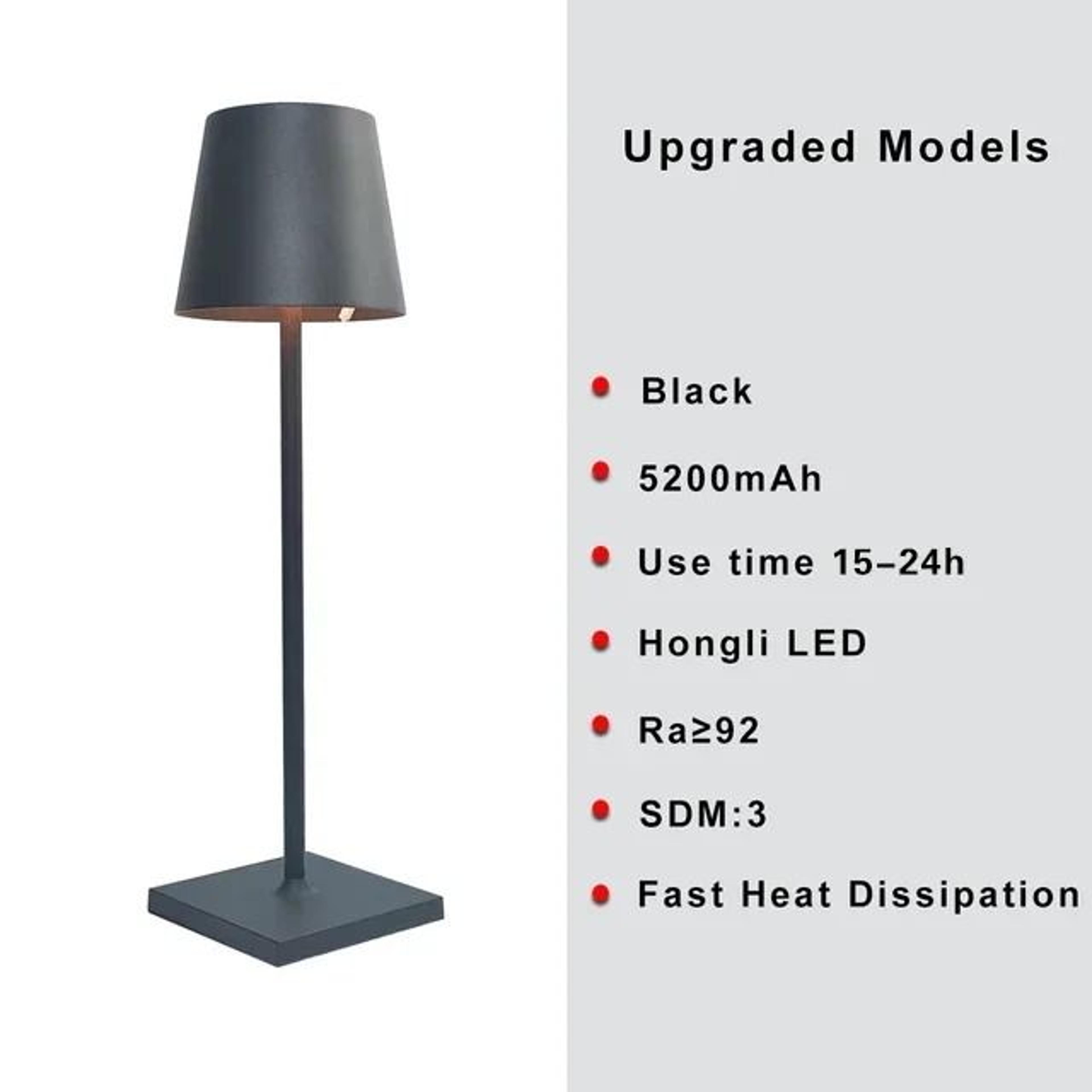 Cordless LED Dimmable Table Lamp Metallic Black Night Light For Indoor Outdoor Restaurant 6