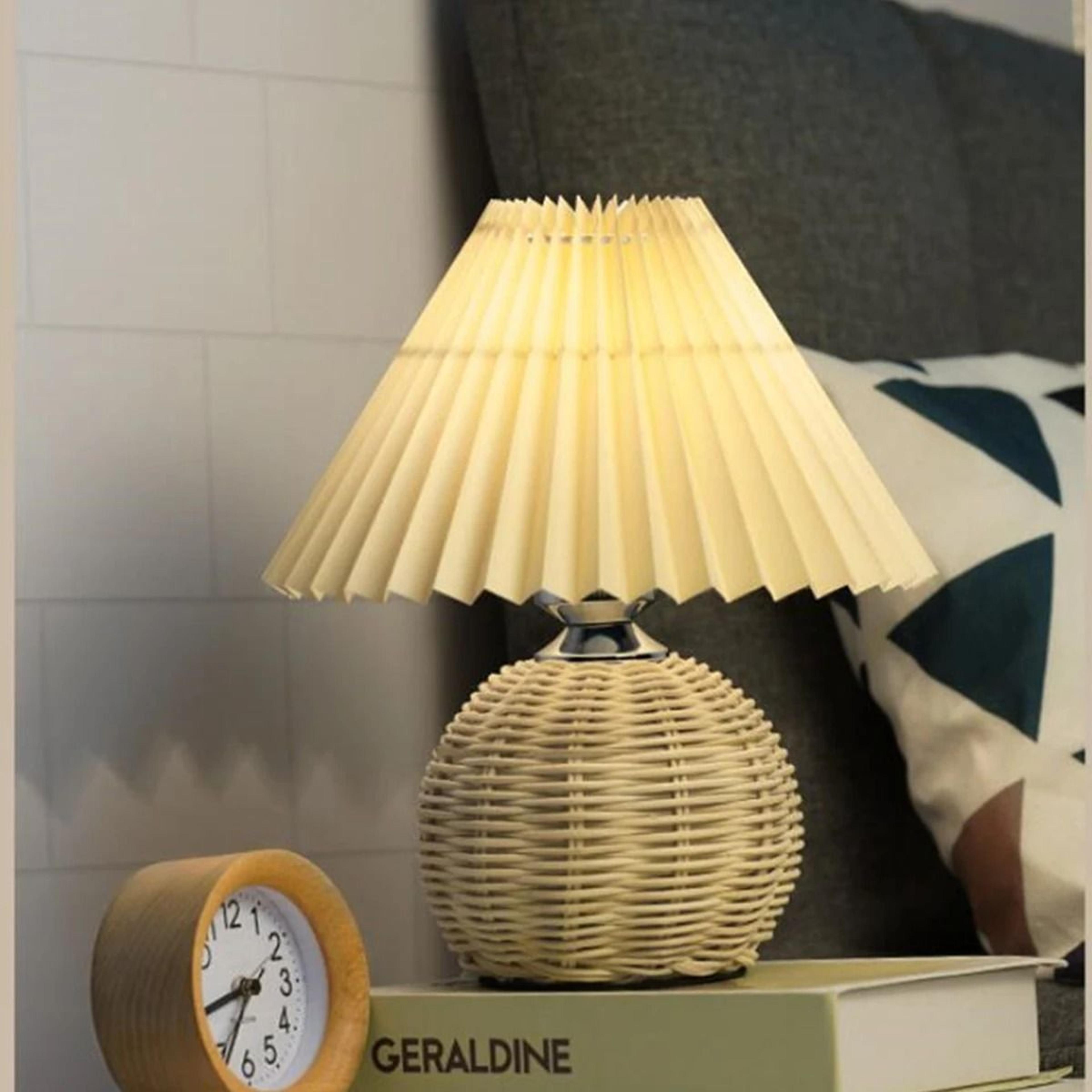 Pleated Shade Rattan LED Table Lamp Desk Bedside Night Light For Living Room Home Office 2