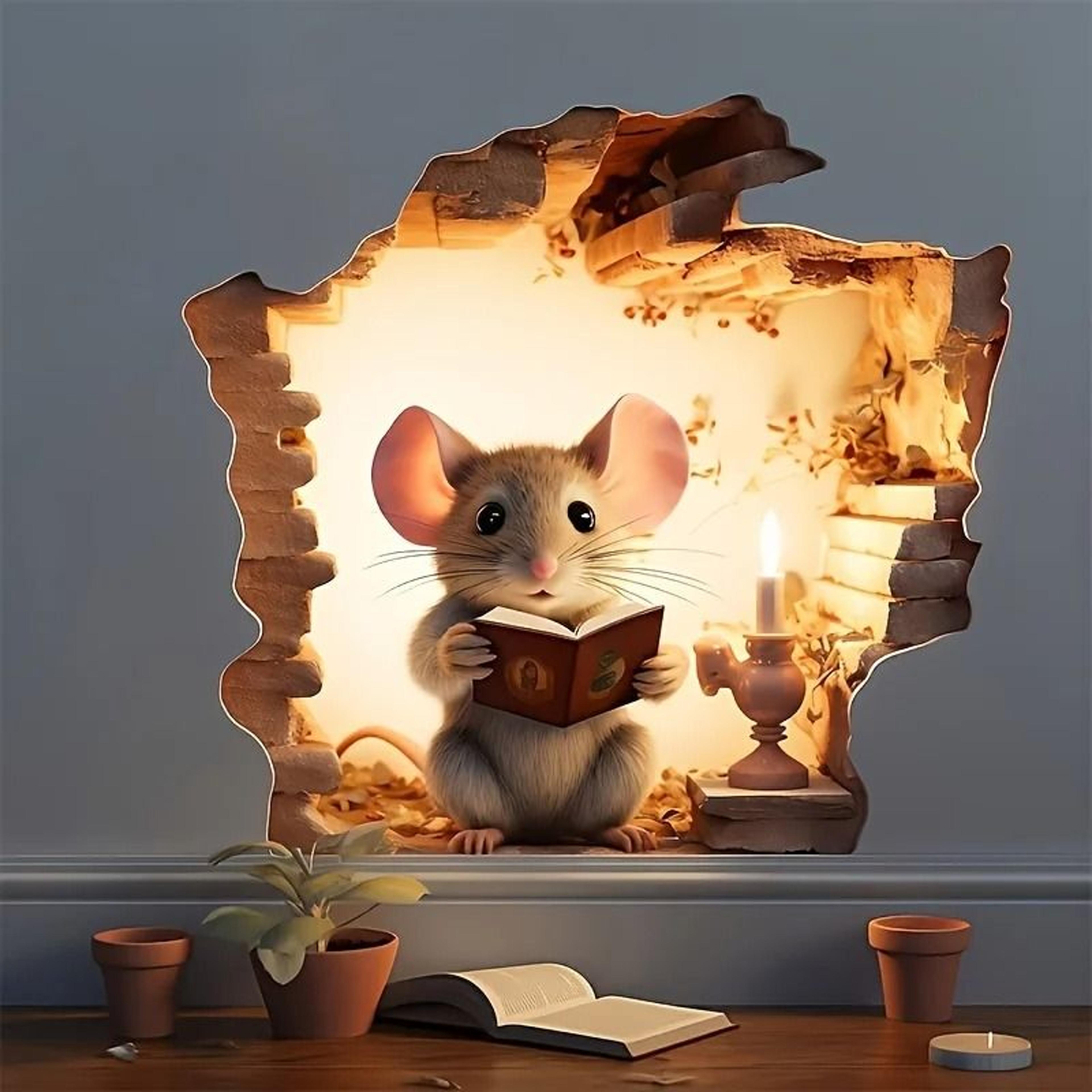 Cute 3D Reading Mouse Hole Wall Sticker Whimsical Cartoon Animal Vinyl Decal 3
