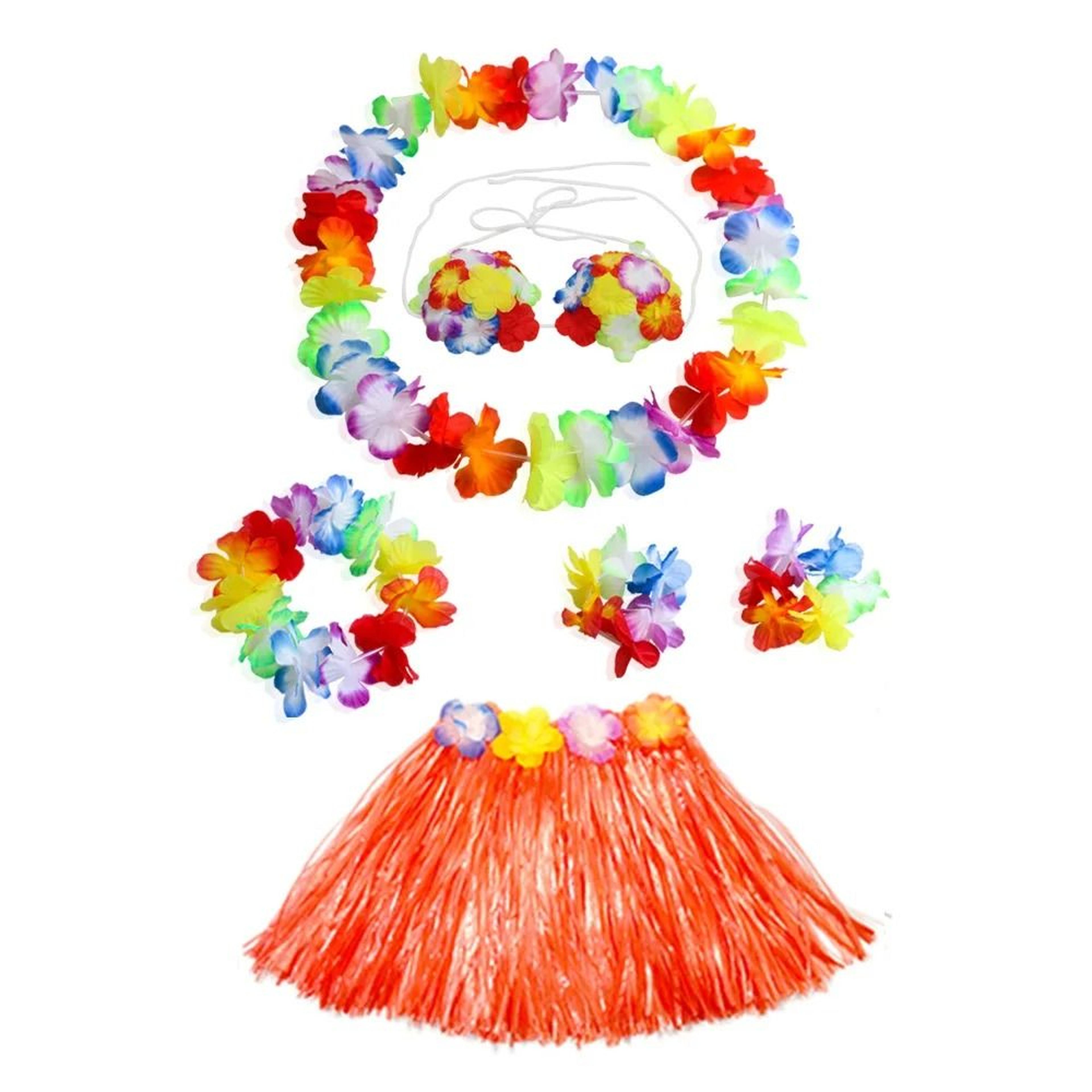 Hawaiian Grass Skirt  Flower Leis Costume Set For Kids Luau Dance Party 40cm 16