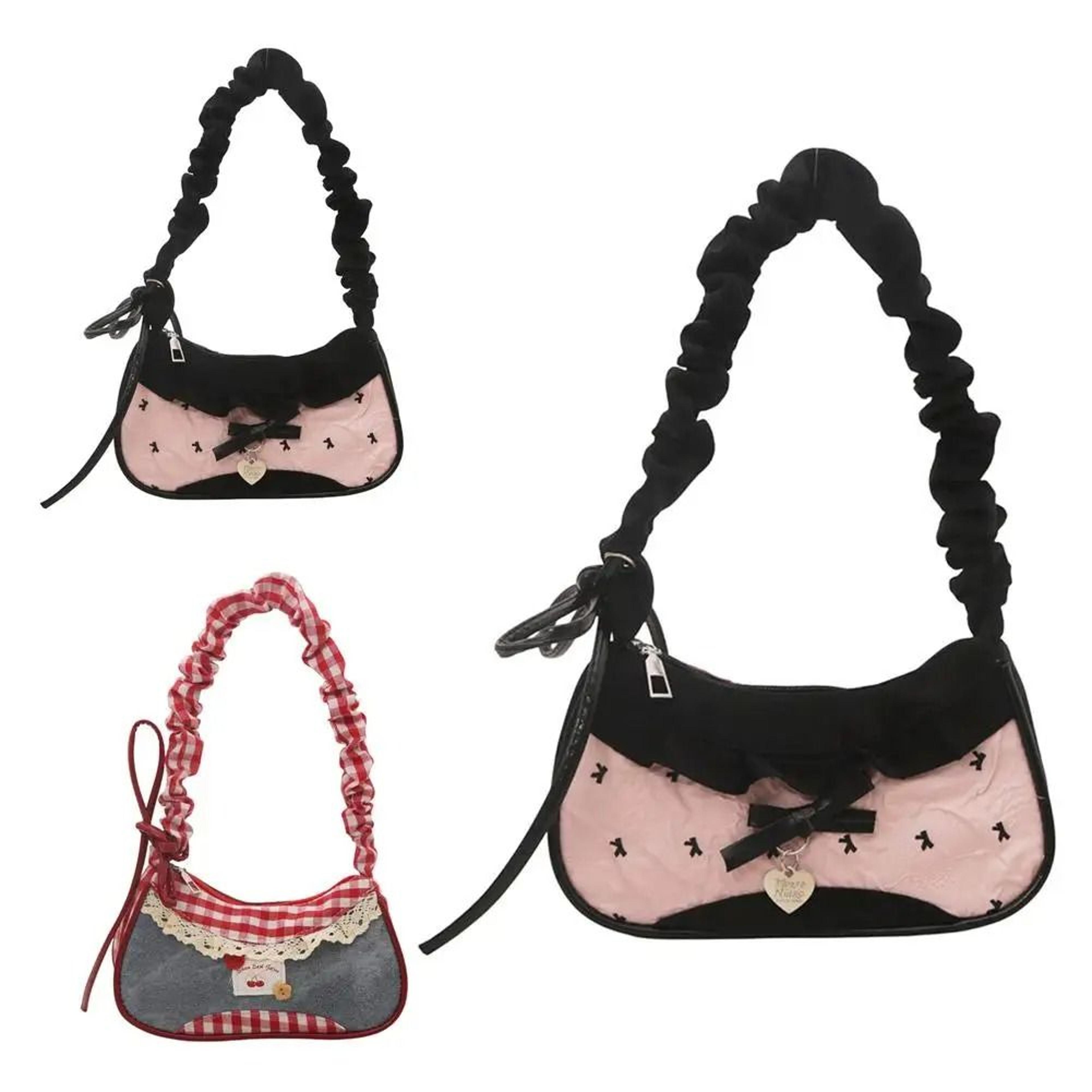 Womens Grid Pattern Lace Ribbon Shoulder Bag Stretchable Strap Underarm Tote 0