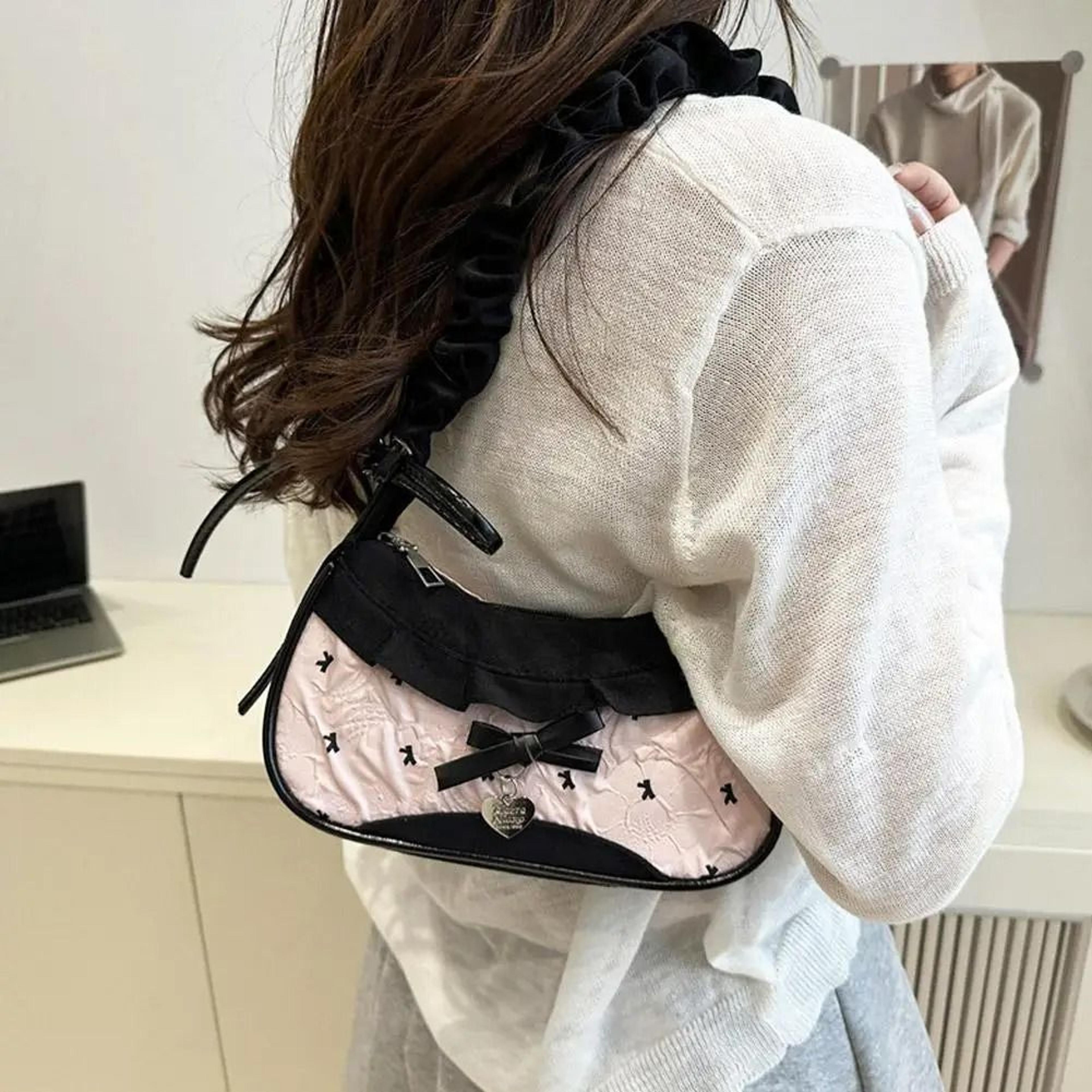Womens Grid Pattern Lace Ribbon Shoulder Bag Stretchable Strap Underarm Tote 4