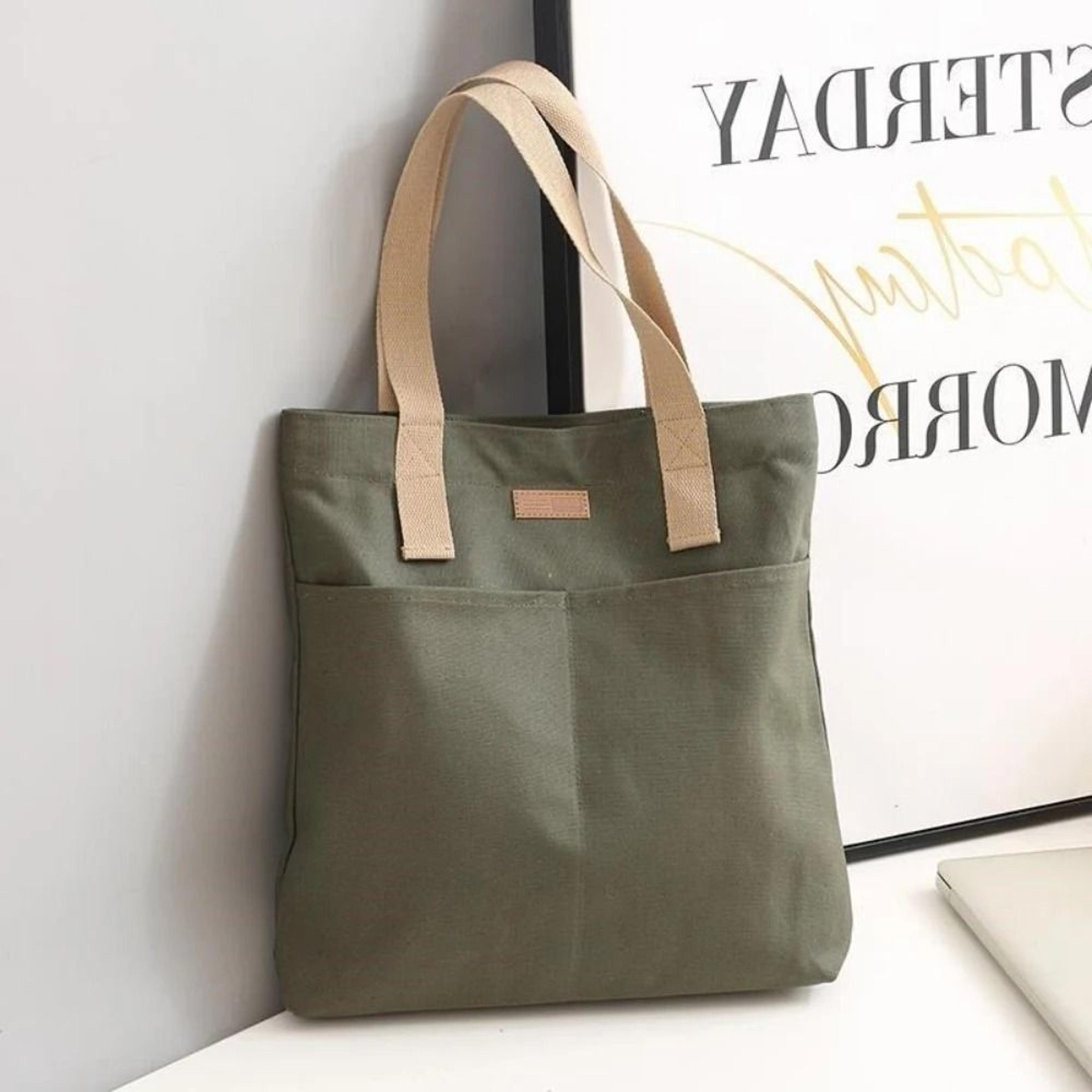 Womens Contrast Sewing Thread Canvas Tote Bag Large Capacity Commuter Handbag 7