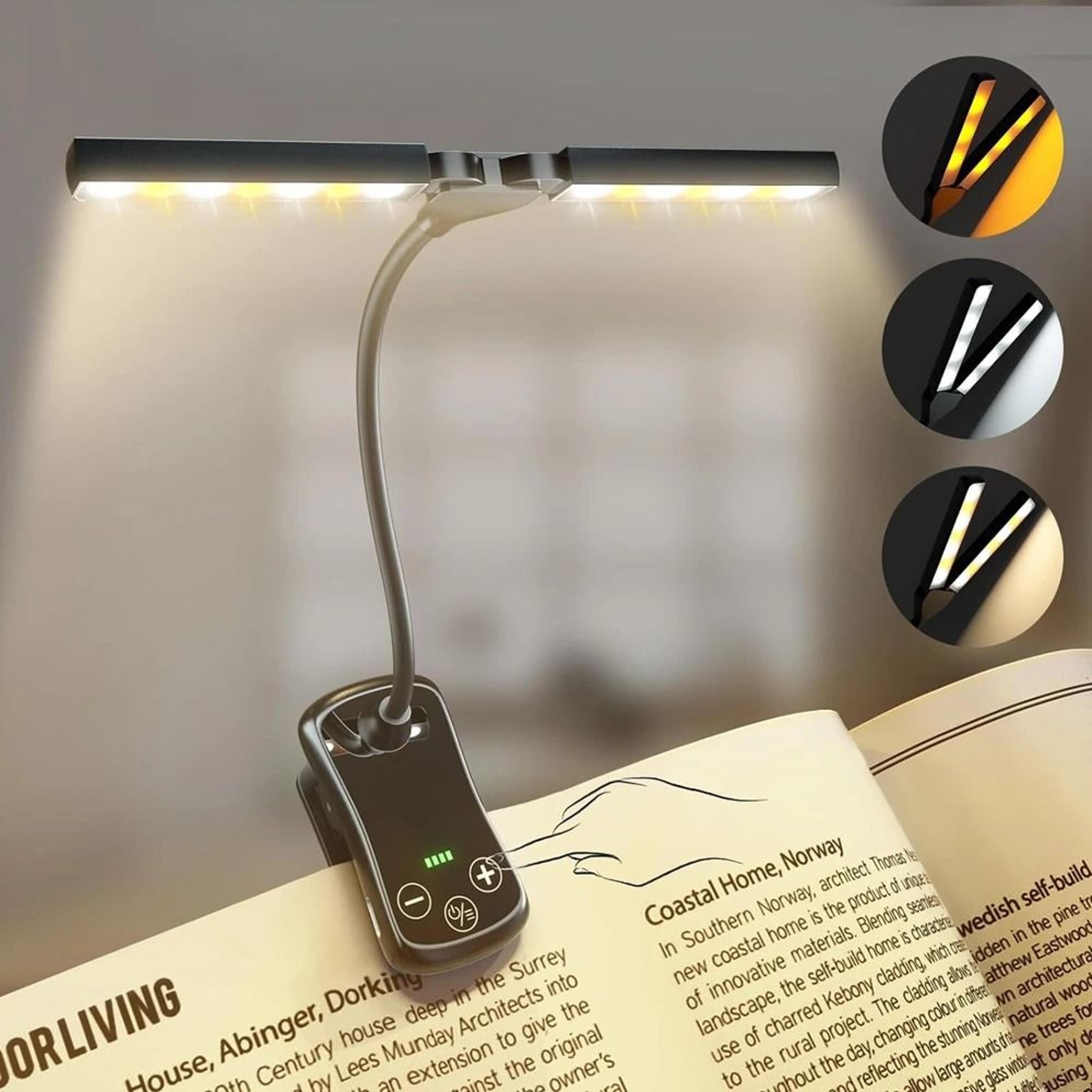 dual-head 14-led clip-on book light 3 color modes 8 brightness levels usb rechargeable reading lamp
