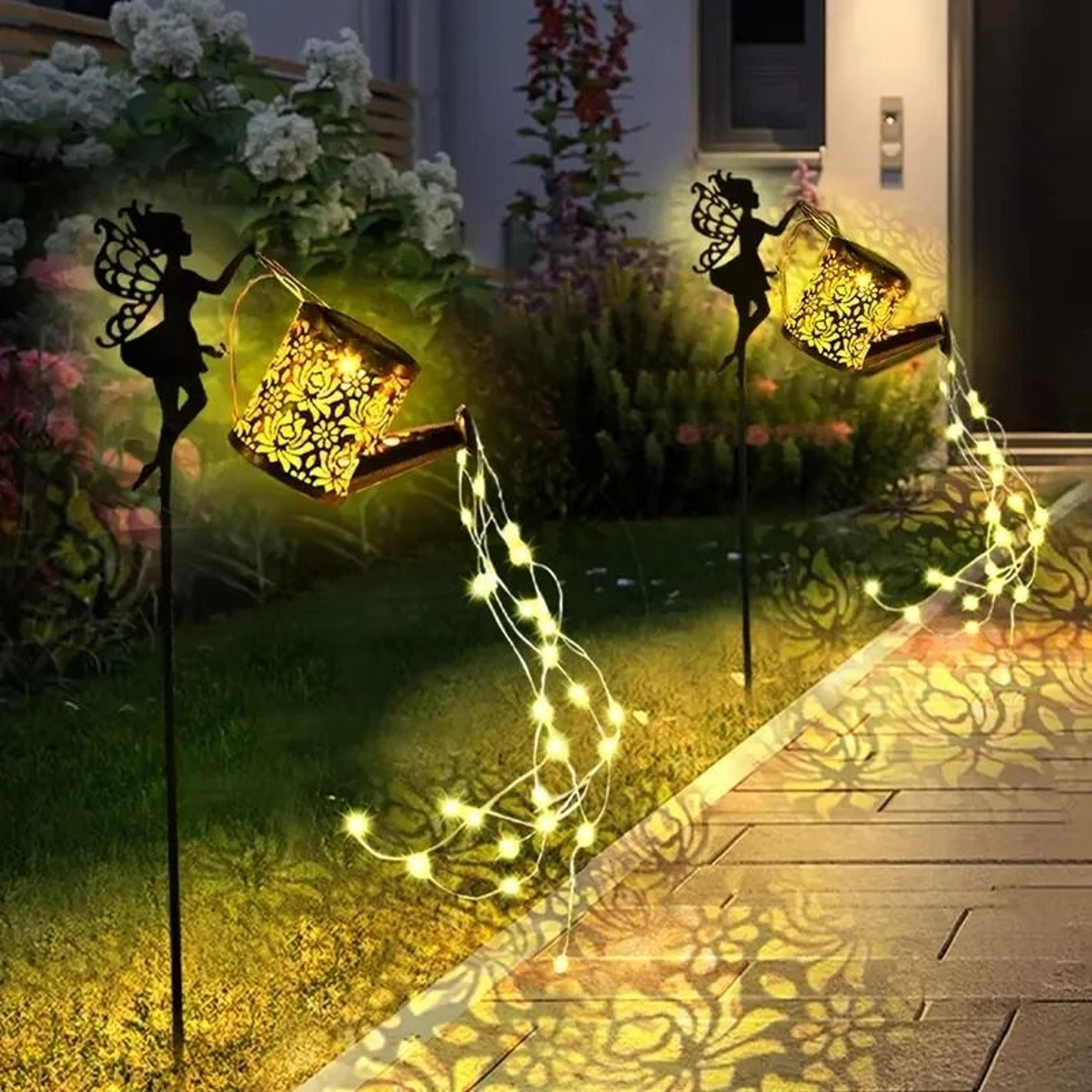 solar watering can lights outdoor waterfall garden string fairy projection lamp