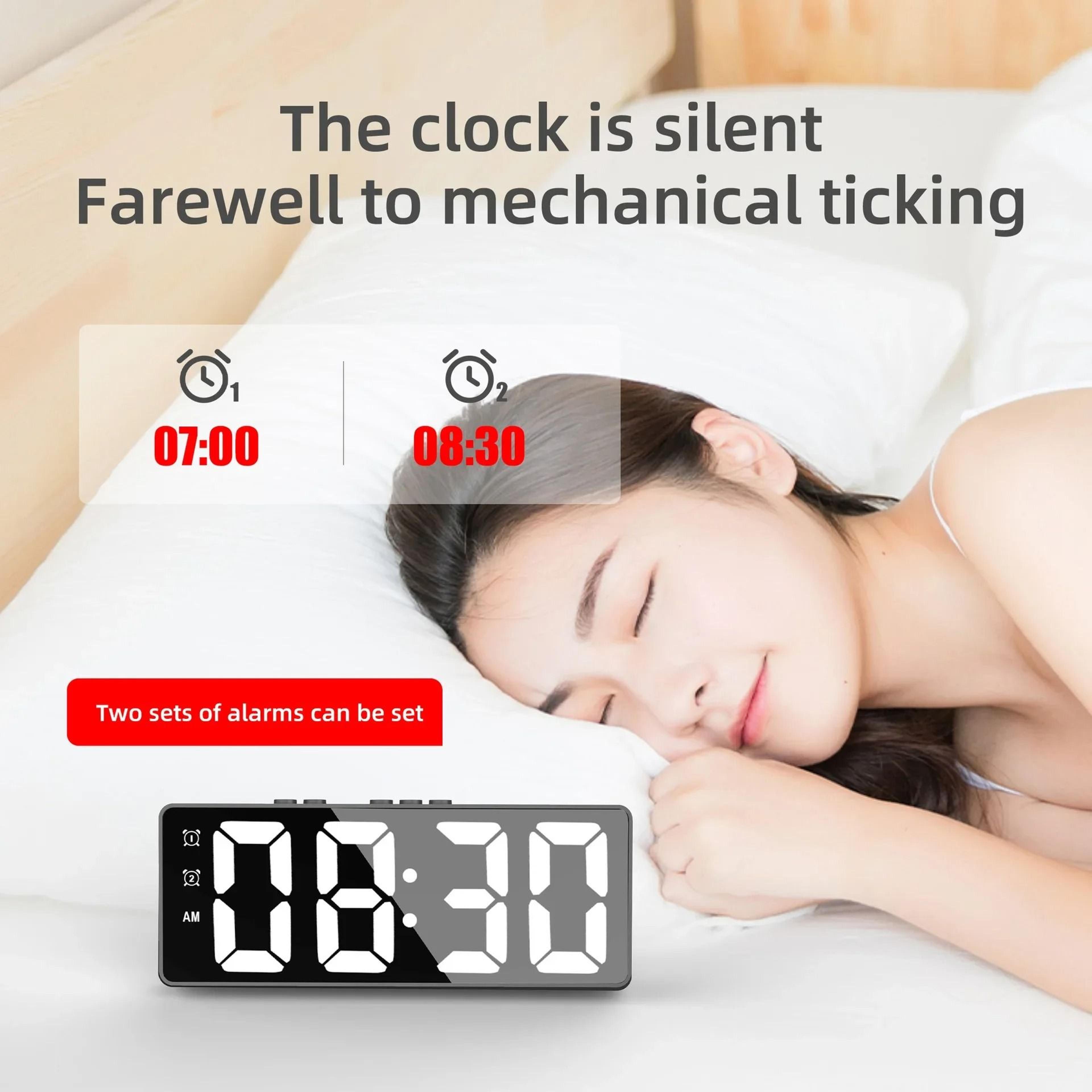 LED Mirror Digital Alarm Clock Desktop Table Clock Snooze Display Electronic 3