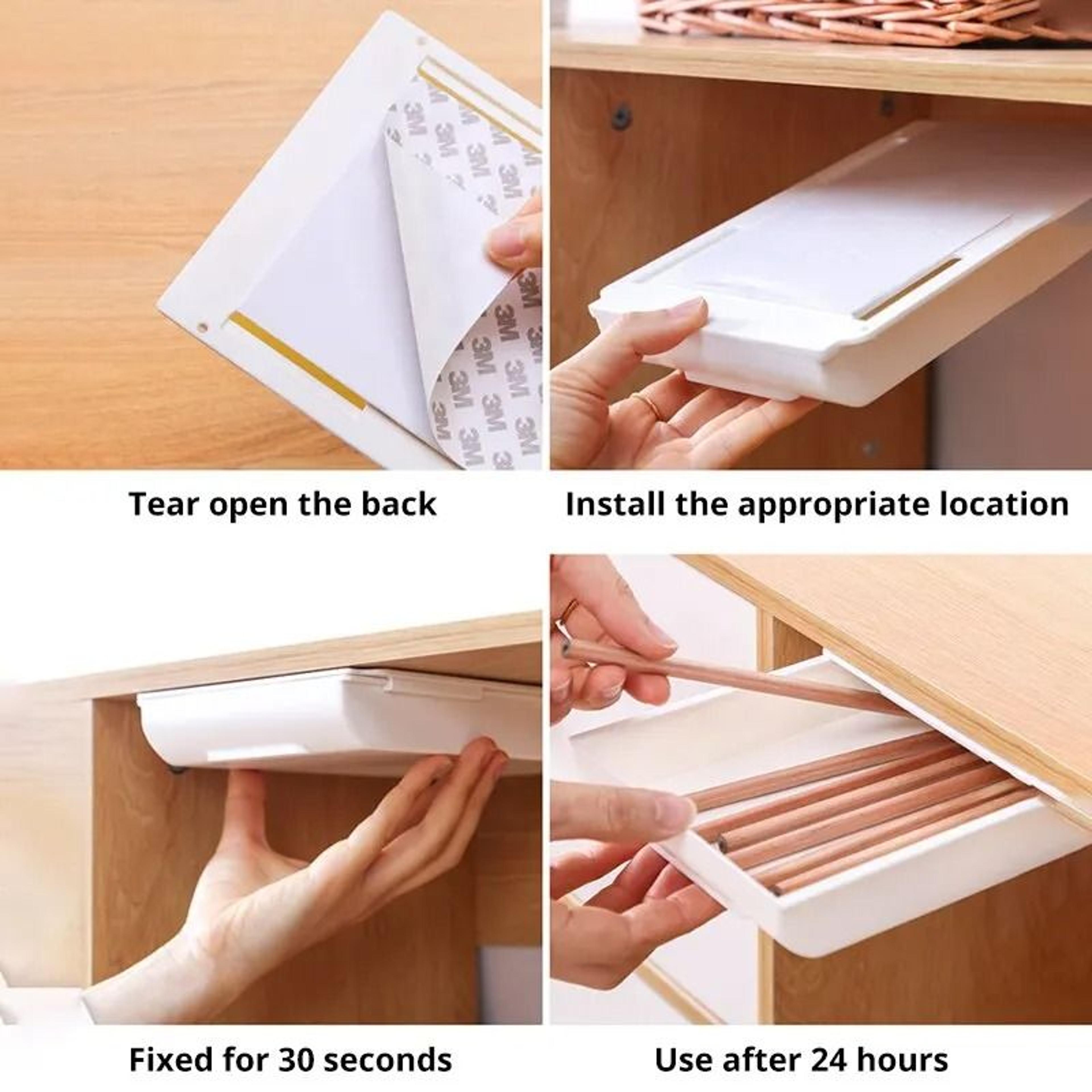 White Self Adhesive Under Desk Storage Drawer Hidden Pencil Tray Organizer 4