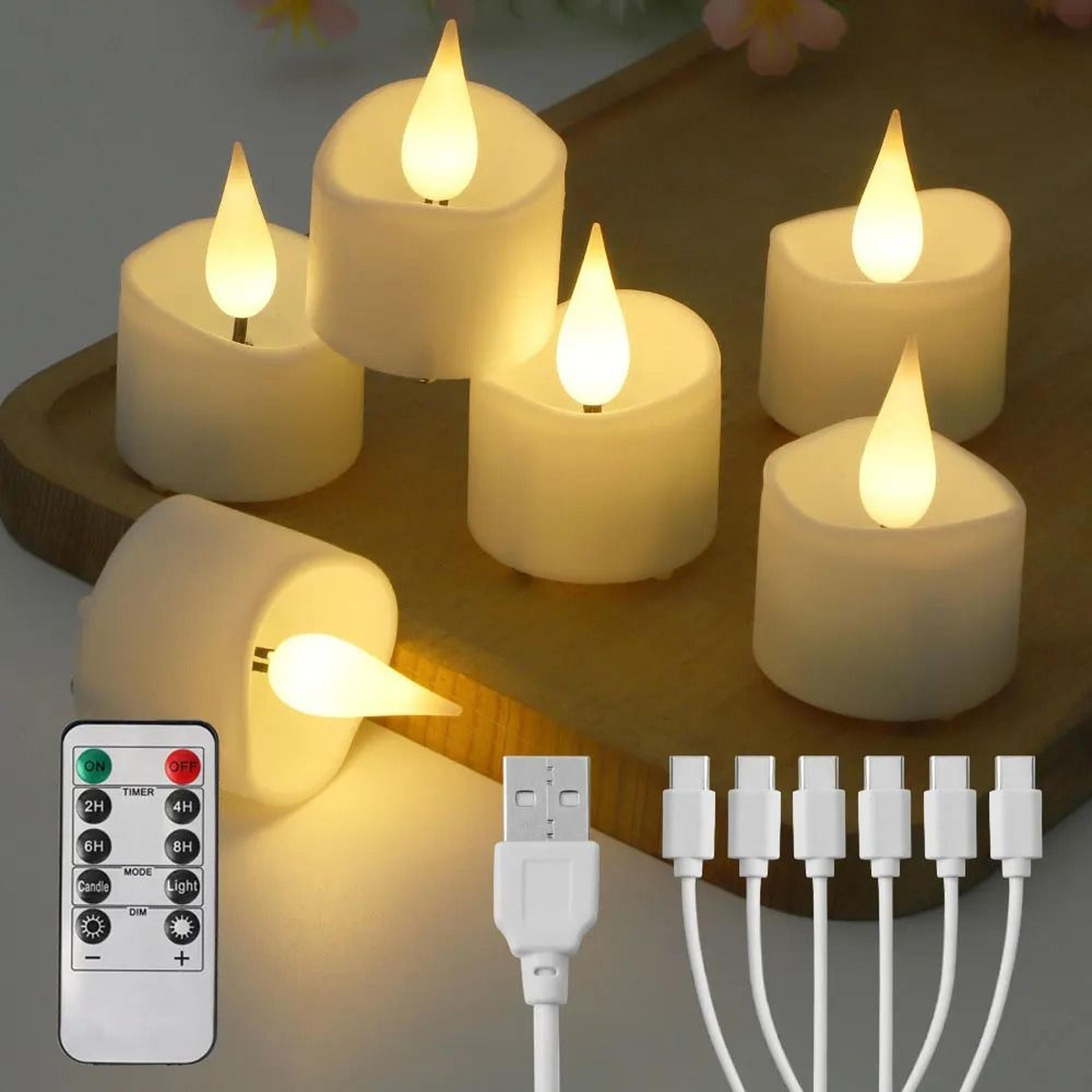 Rechargeable LED Tea Lights Remote Control Moving Flame USB Fake Candles 8