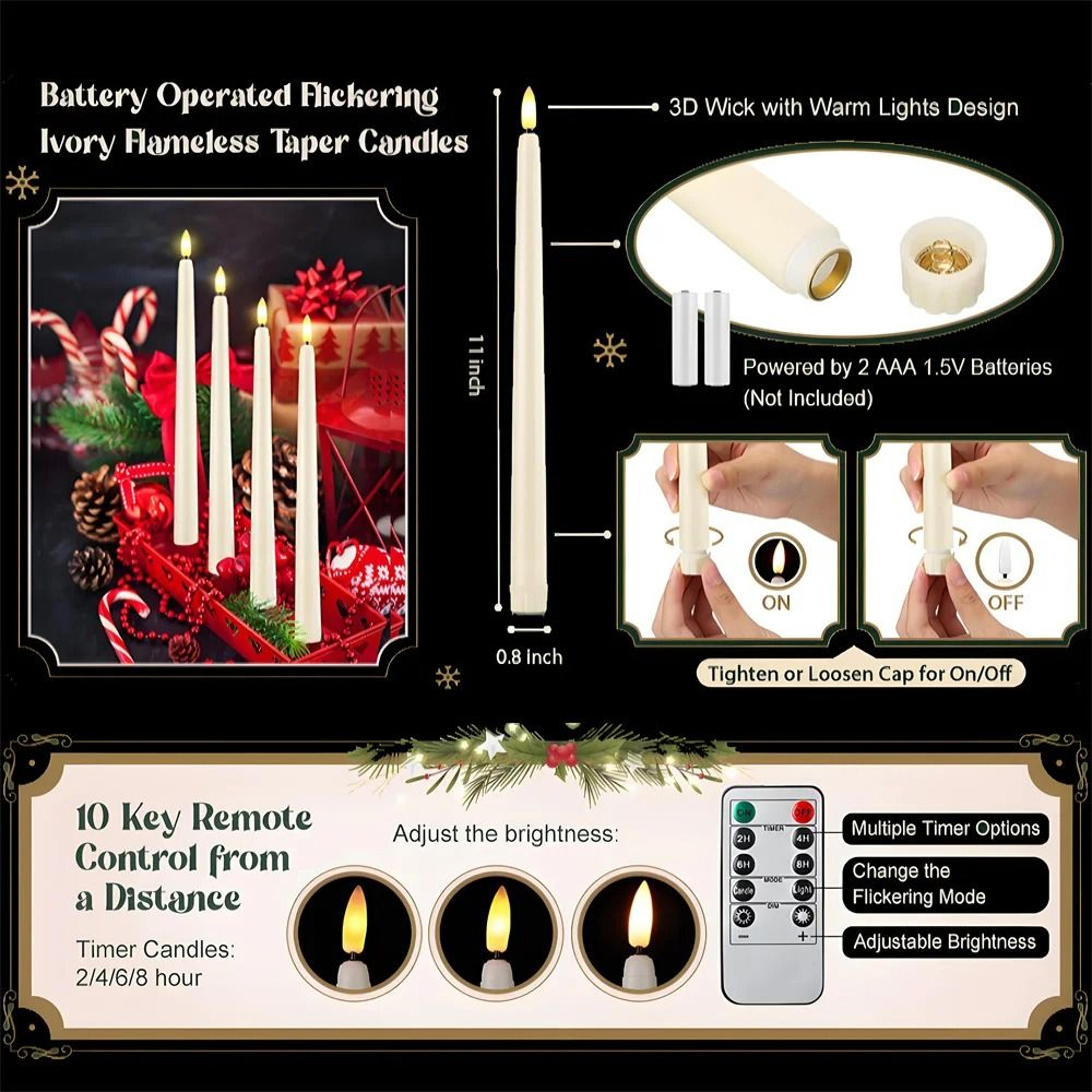 3D Wick Ivory LED Flameless Taper Candles Remote Control Window Light Set 4