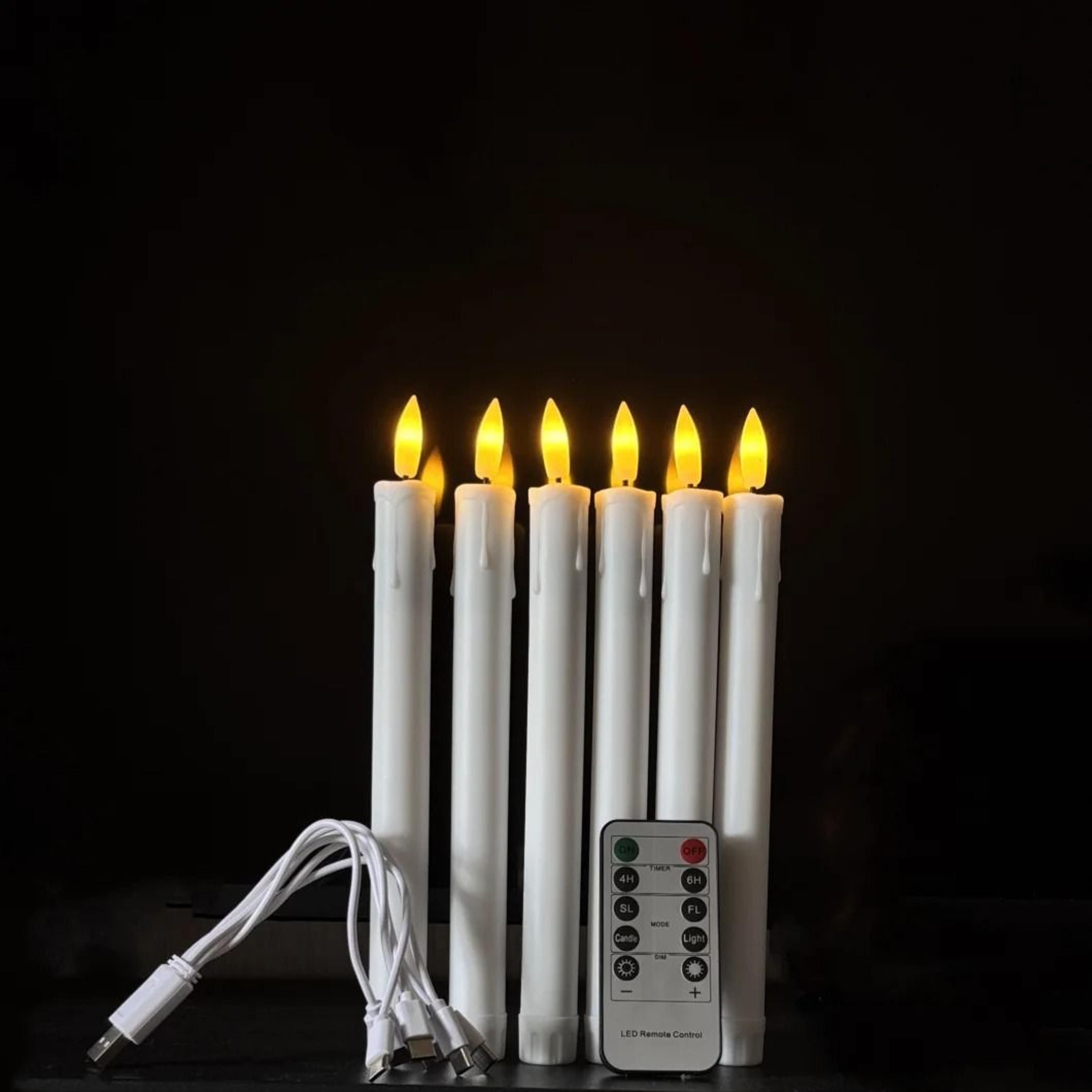 6 Pcs USB Rechargeable LED Taper Candles Remote Dripping Wax Window Lights 0