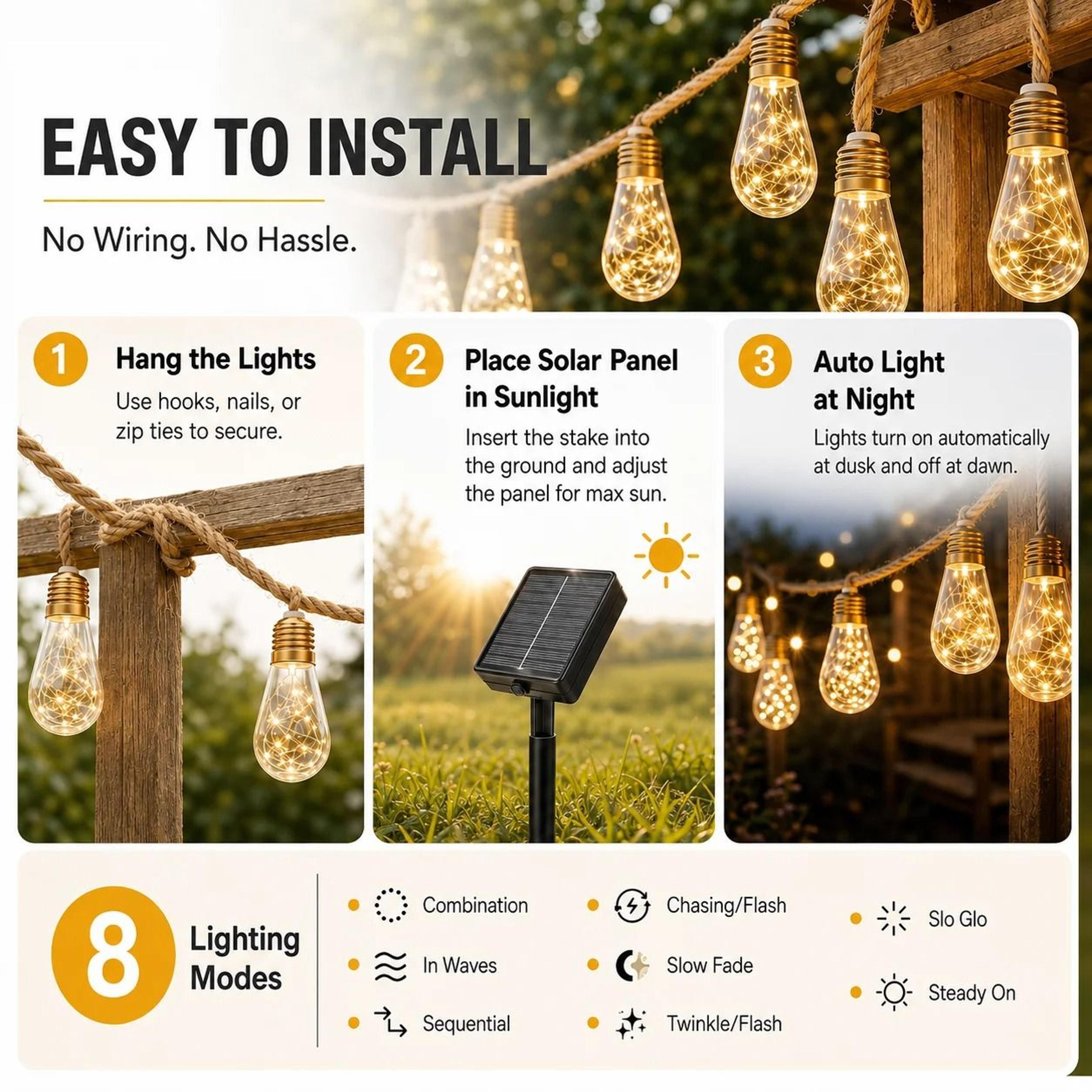 Solar Hemp Rope Edison Bulb Fairy String Lights Warm White Outdoor Garden Decor 5
