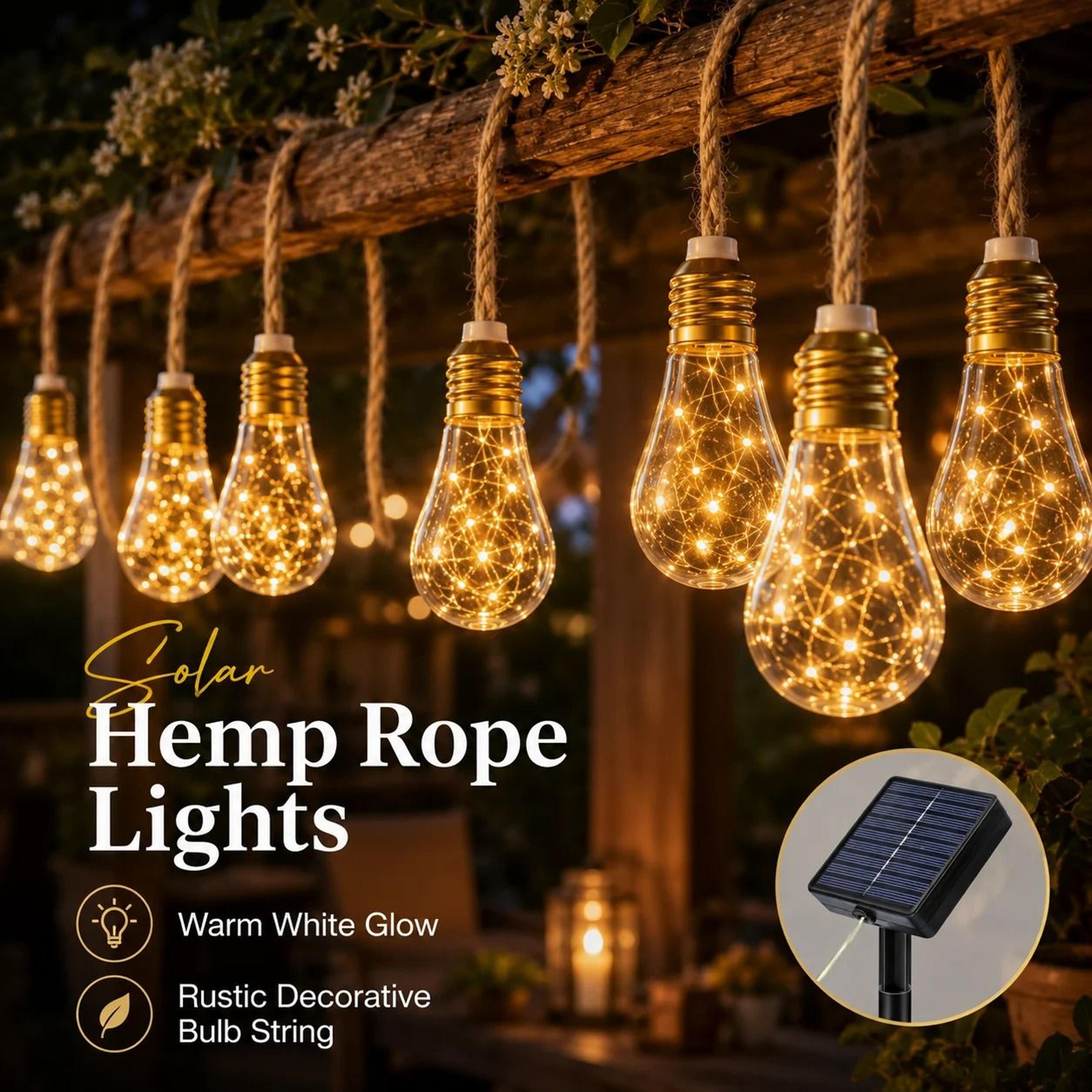 Solar Outdoor Hemp Rope Edison Bulb String Lights Waterproof Patio Decor 0