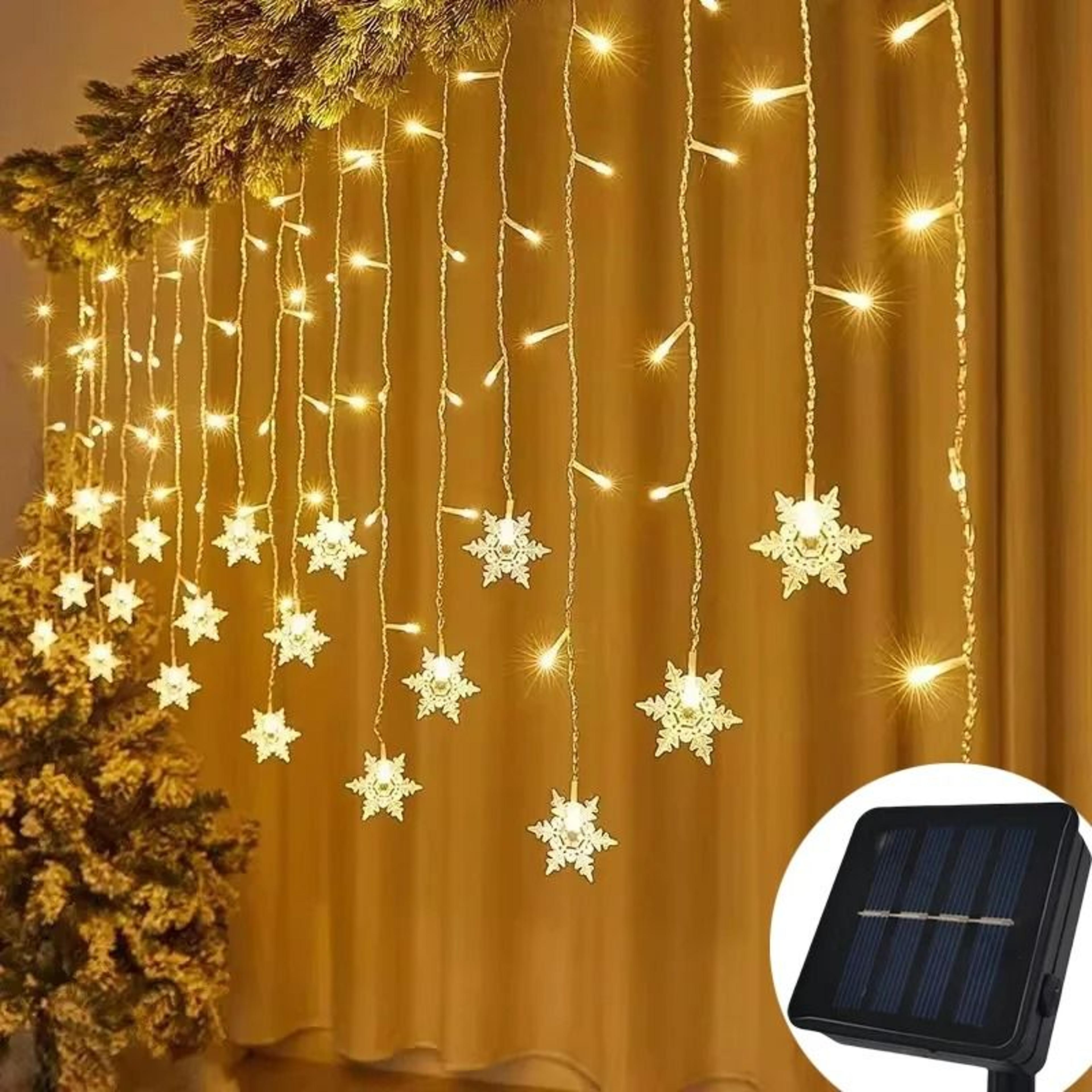 solar outdoor snowflake icicle fairy string lights waterproof curtain decor